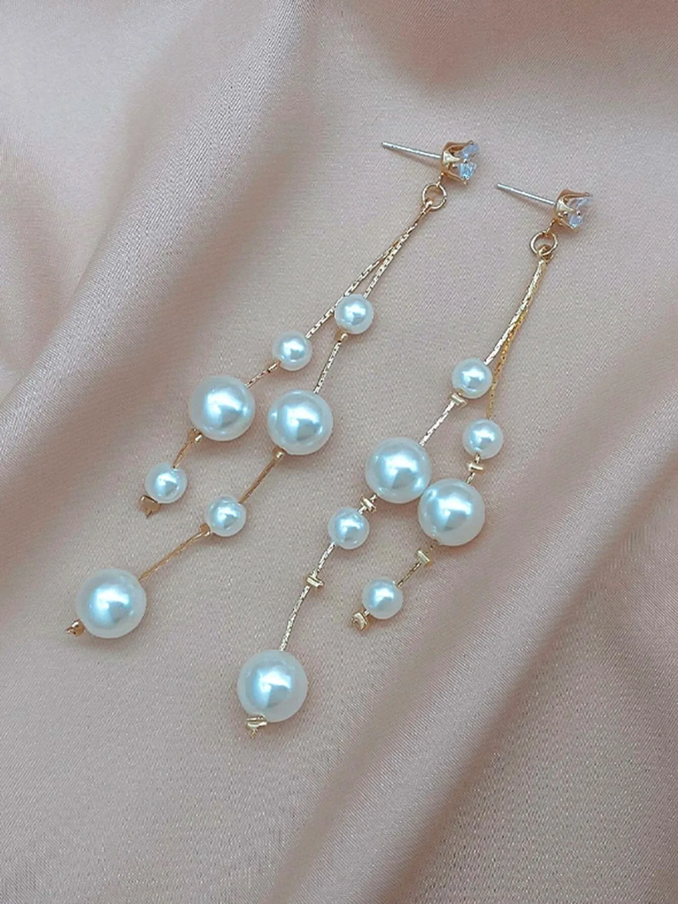 Dual Strand Pearl Earrings, S925 Silver Post Floating Pearl Earrings, 14K Gold Plated Bridal Dangle Ear Studs