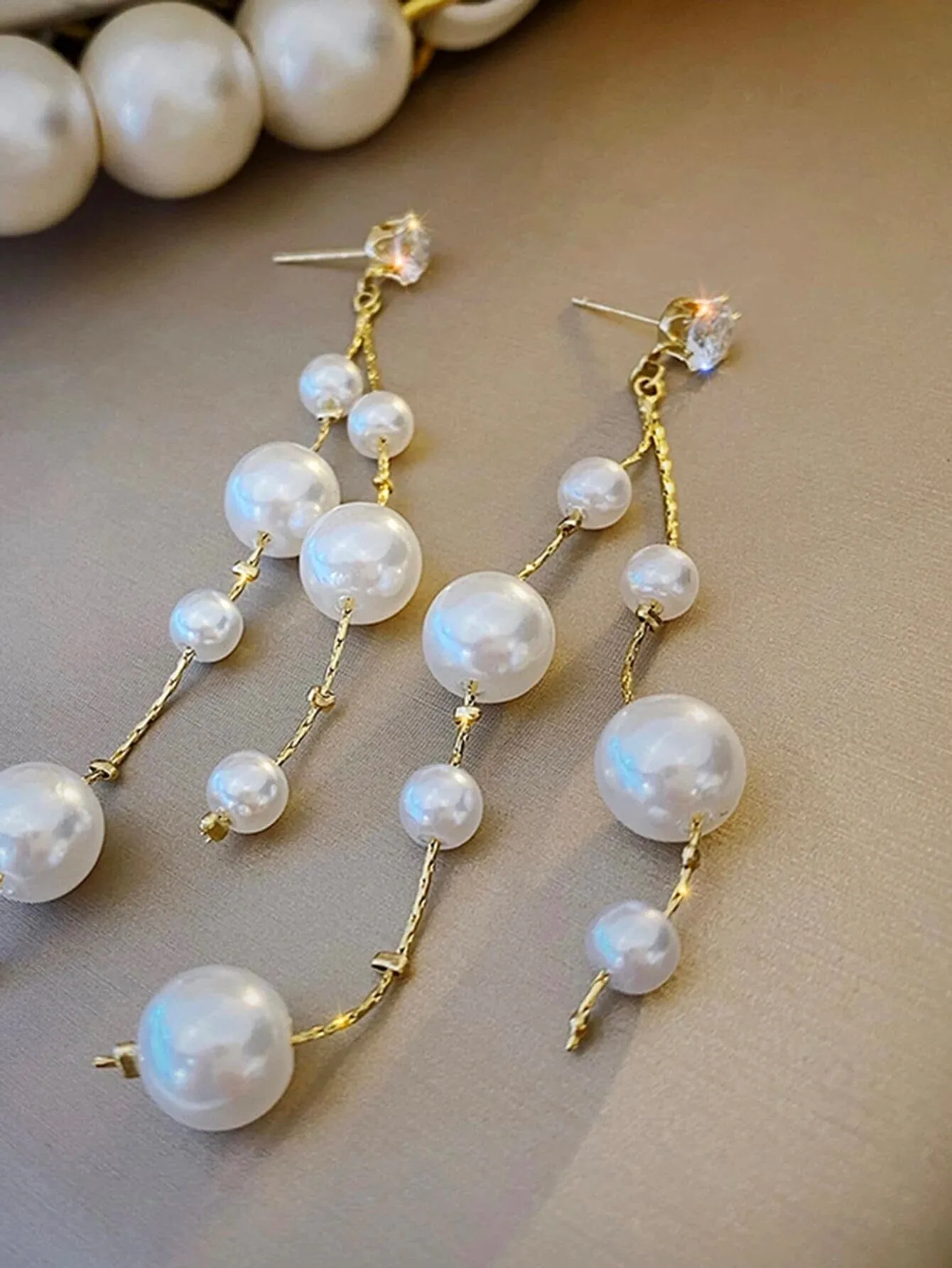 Dual Strand Pearl Earrings, S925 Silver Post Floating Pearl Earrings, 14K Gold Plated Bridal Dangle Ear Studs