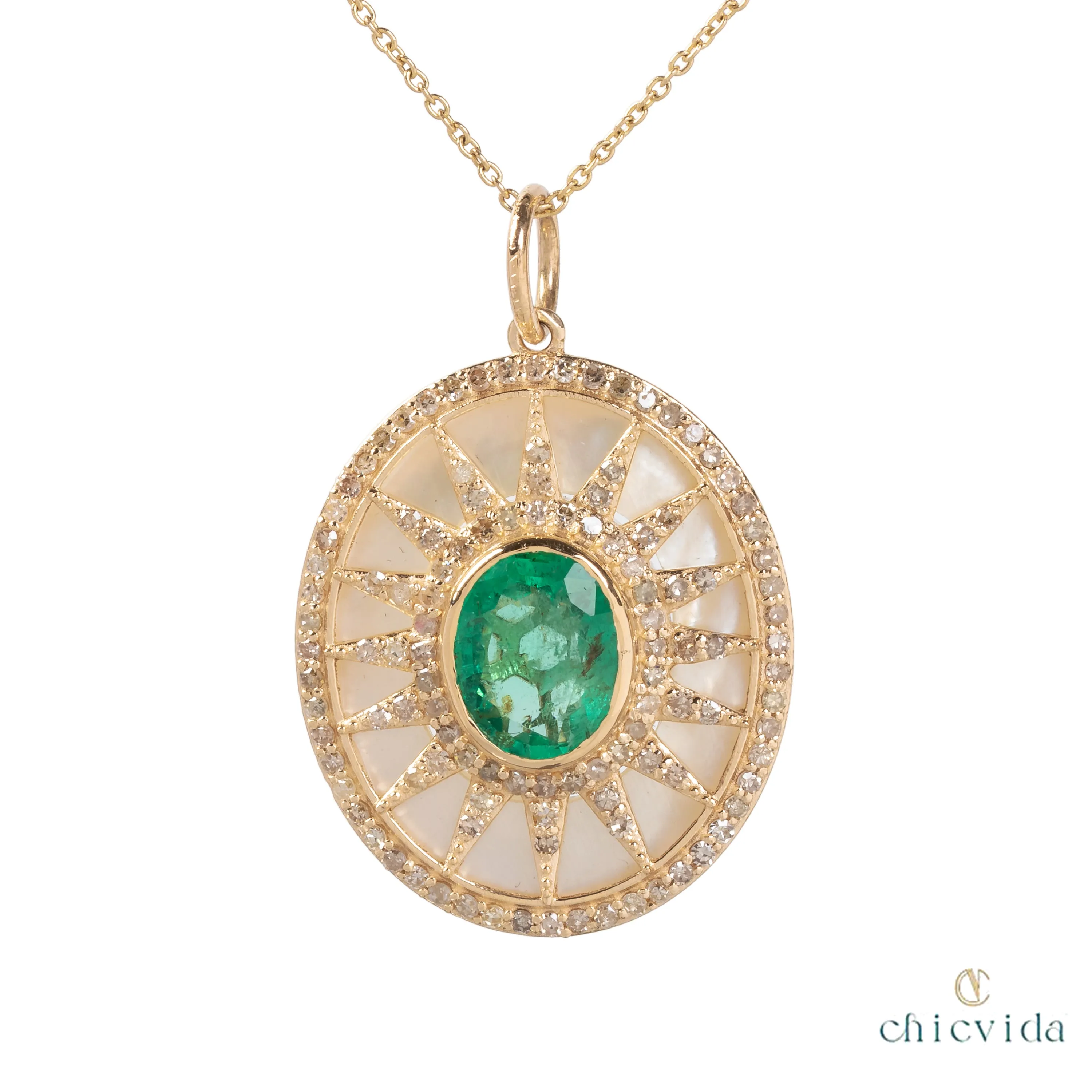 Eccentric Oval Emerald Sunburst Pendant