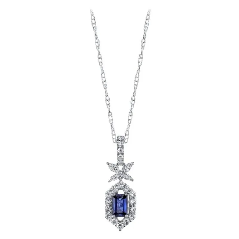 Emerald-cut Blue Sapphire and Diamond Necklace in 18k White Gold