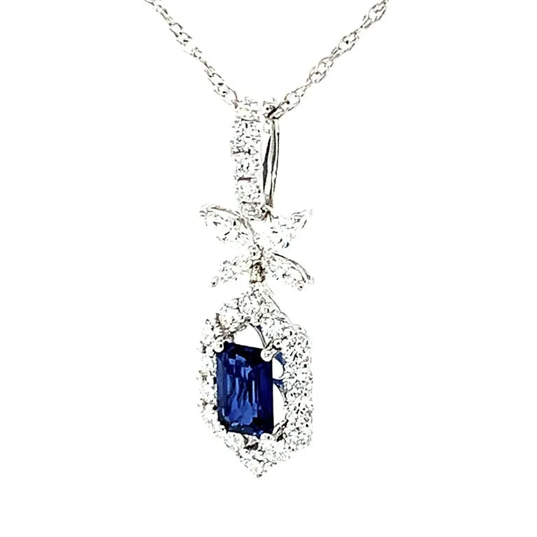 Emerald-cut Blue Sapphire and Diamond Necklace in 18k White Gold