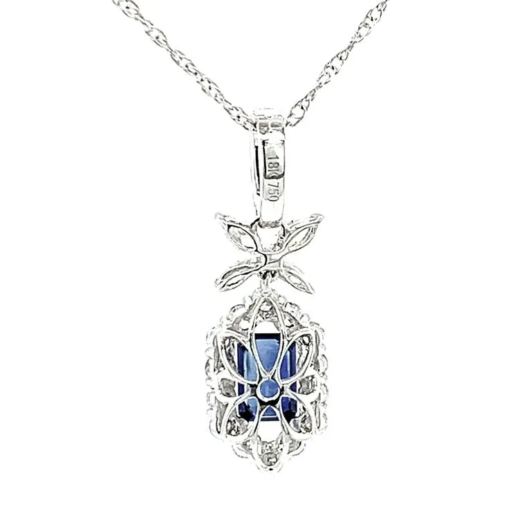 Emerald-cut Blue Sapphire and Diamond Necklace in 18k White Gold