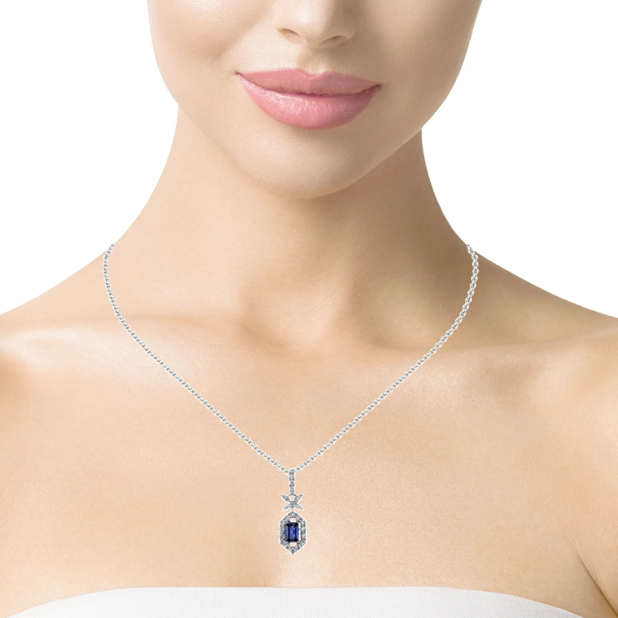 Emerald-cut Blue Sapphire and Diamond Necklace in 18k White Gold