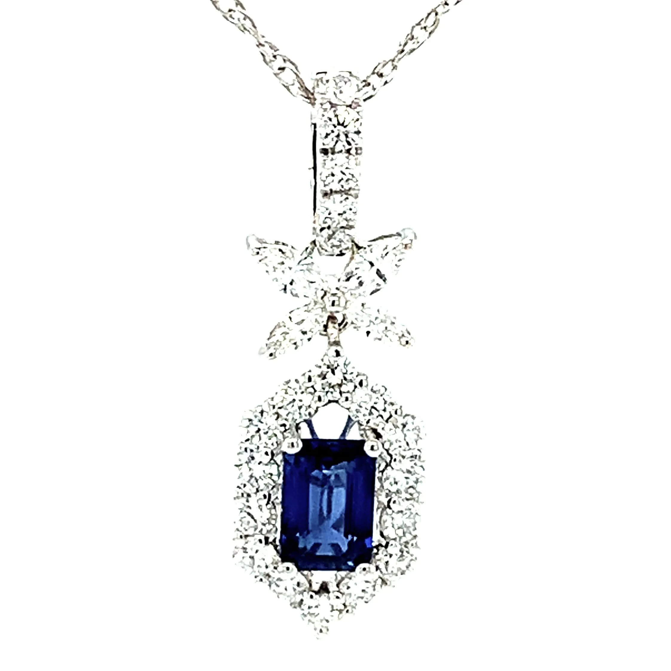 Emerald-cut Blue Sapphire and Diamond Necklace in 18k White Gold