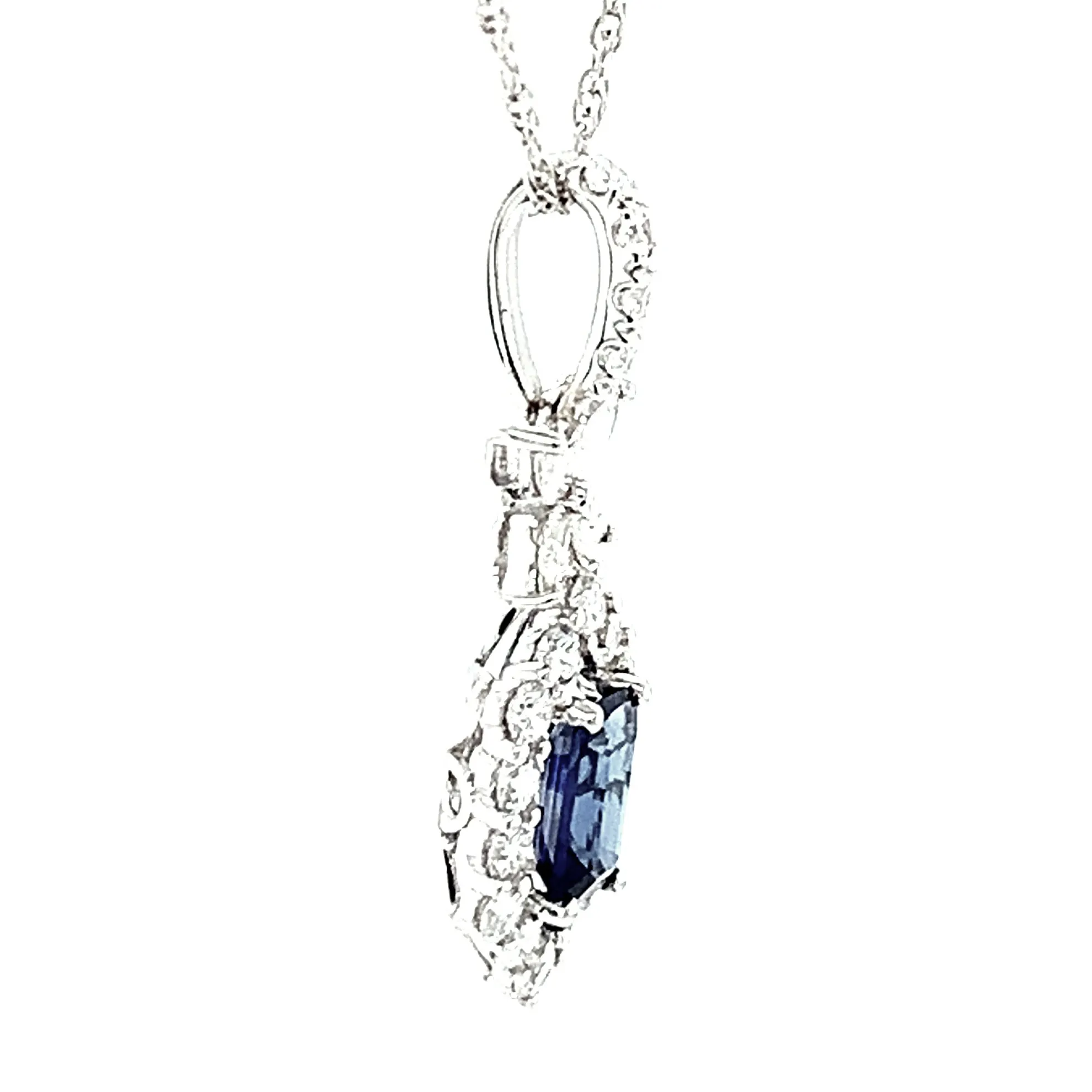 Emerald-cut Blue Sapphire and Diamond Necklace in 18k White Gold