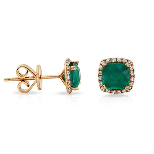 Emerald Stud Earrings with Round Cut Diamonds on a 18k Rose Gold Halo Setting