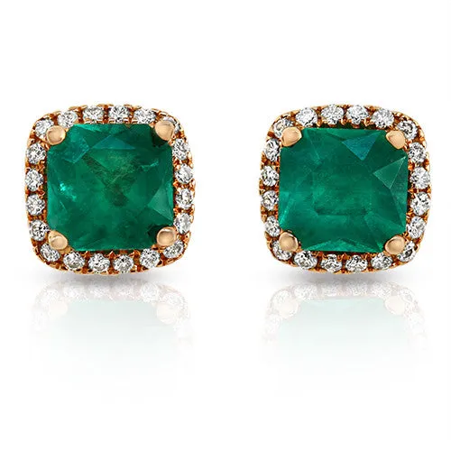 Emerald Stud Earrings with Round Cut Diamonds on a 18k Rose Gold Halo Setting