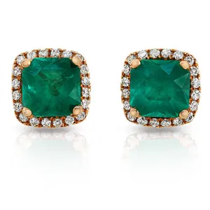 Emerald Stud Earrings with Round Cut Diamonds on a 18k Rose Gold Halo Setting