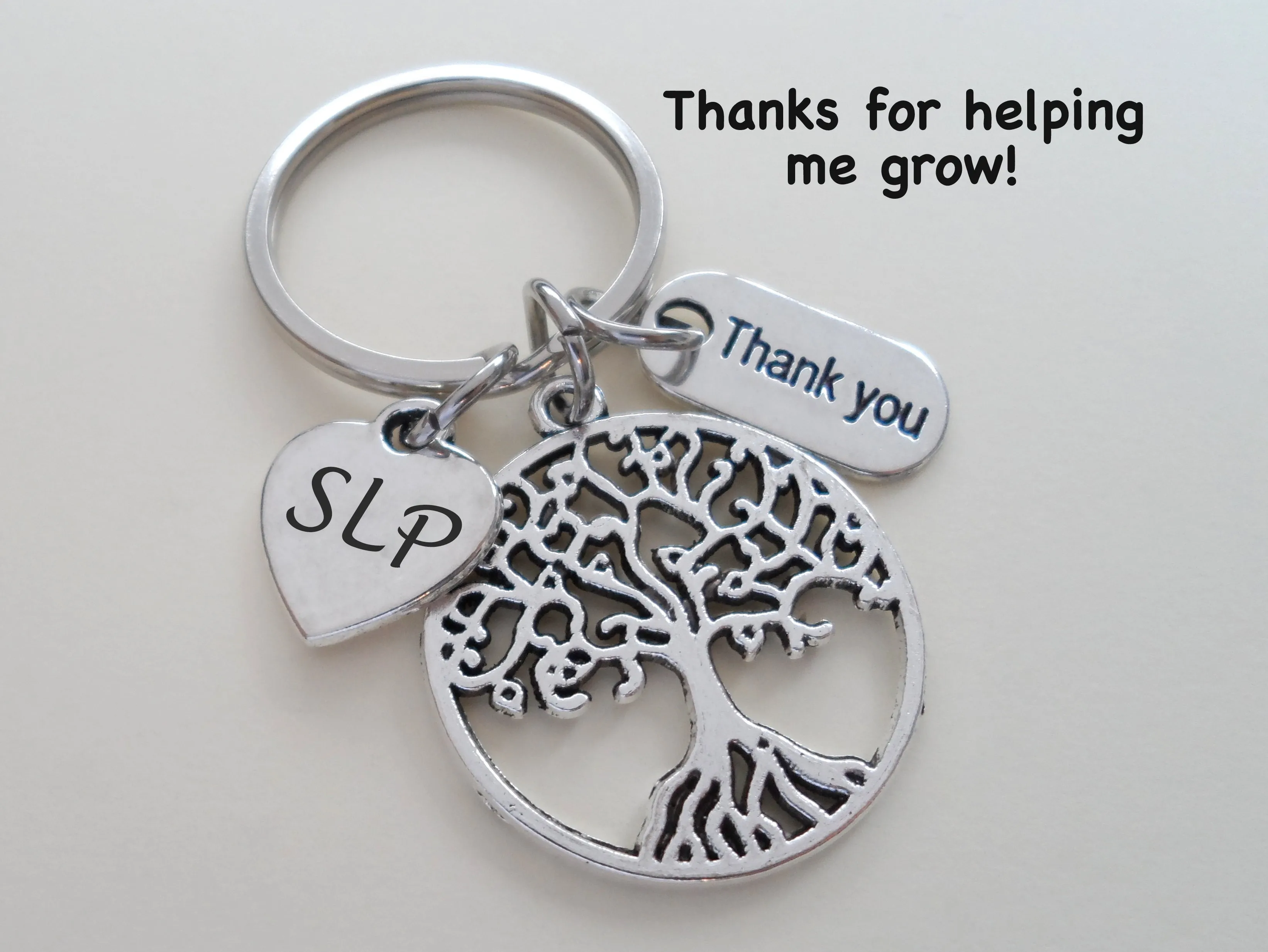 Employee Appreciation Gifts • Speech Therapist Keychain, Speech Language Pathologist Keychain with Tree, SLP Heart, and "Thank You" Tag w/ "Thanks for helping me grow" Card by JewelryEveryday