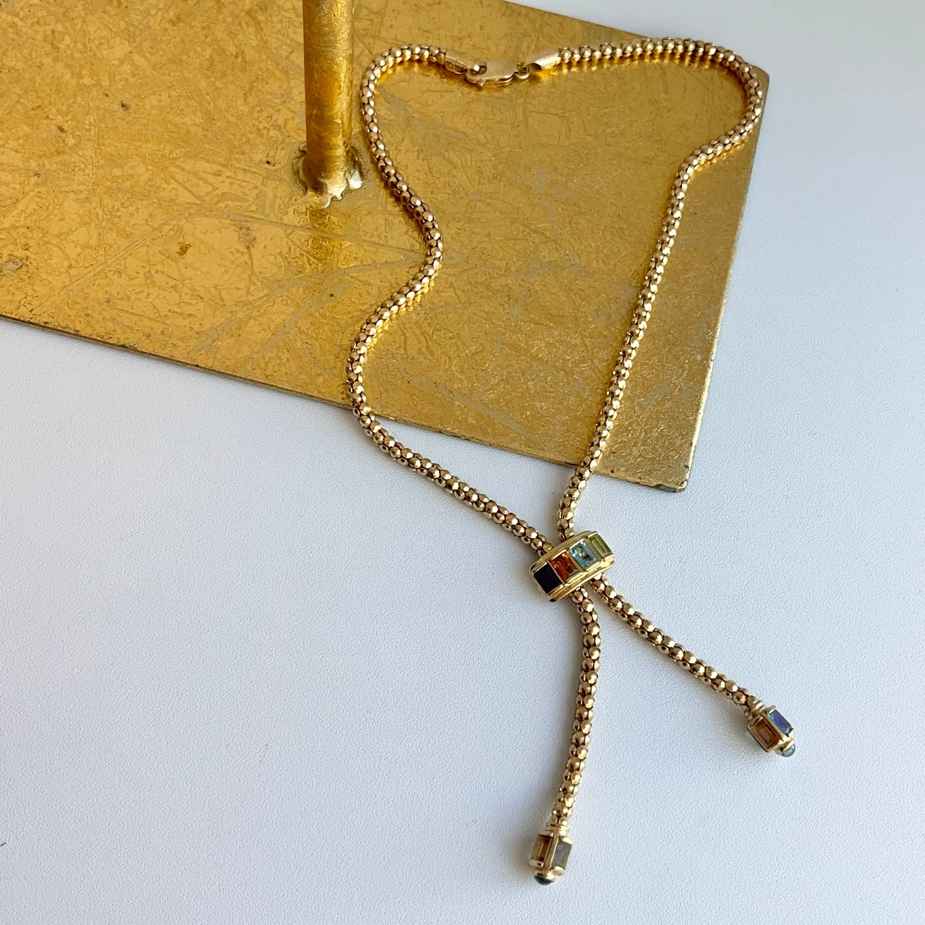 Estate 14KT Yellow Gold Byzantine Multi-Gemstone Popcorn Lariat Necklace