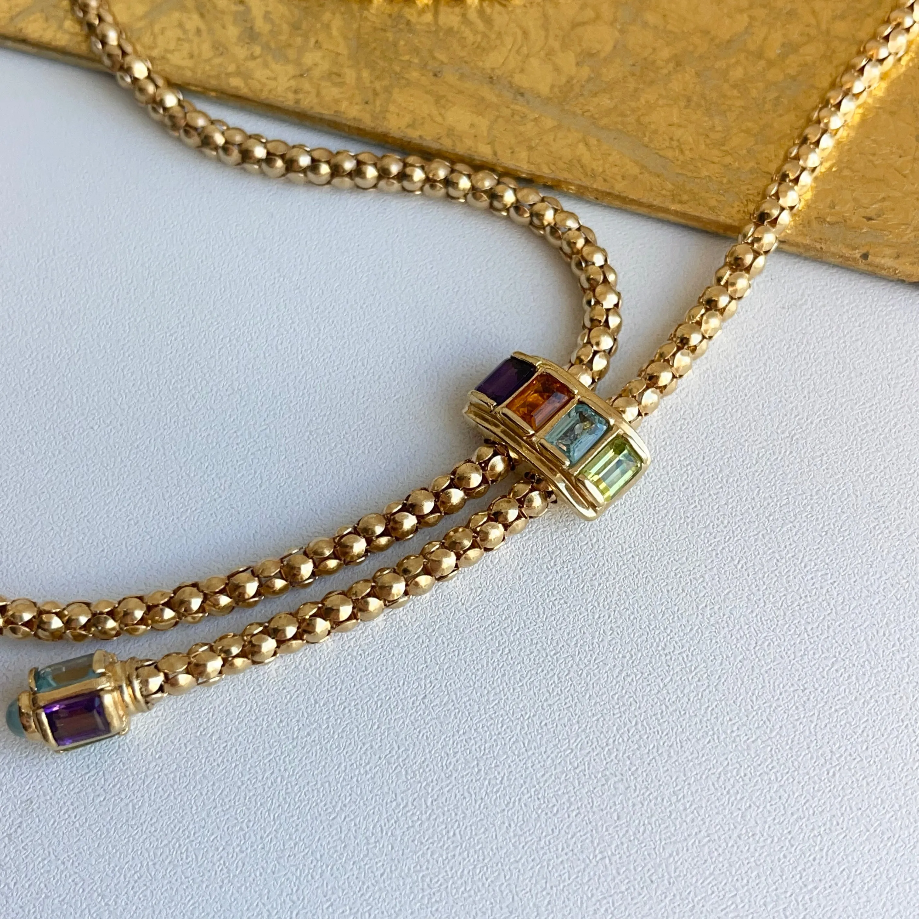 Estate 14KT Yellow Gold Byzantine Multi-Gemstone Popcorn Lariat Necklace