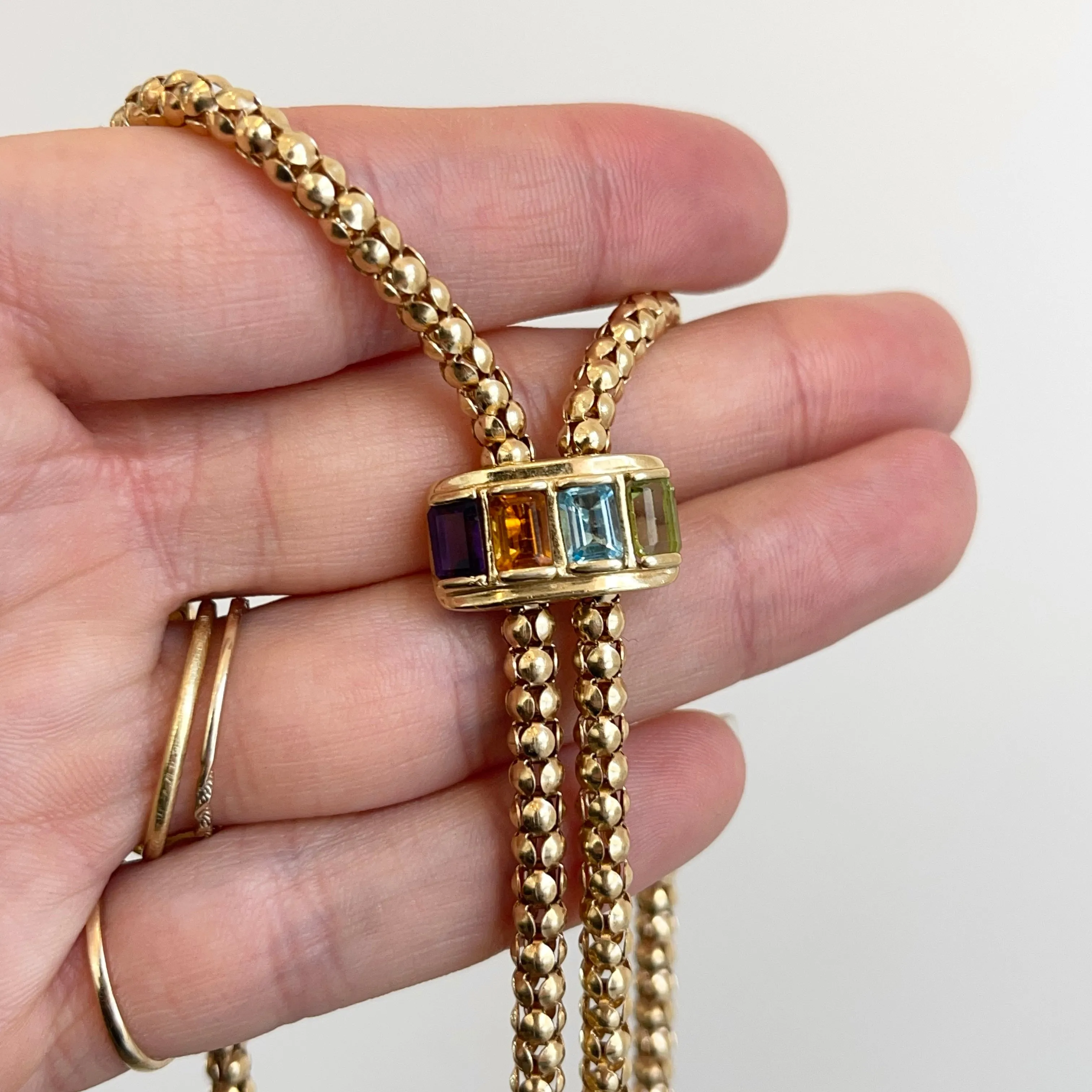 Estate 14KT Yellow Gold Byzantine Multi-Gemstone Popcorn Lariat Necklace