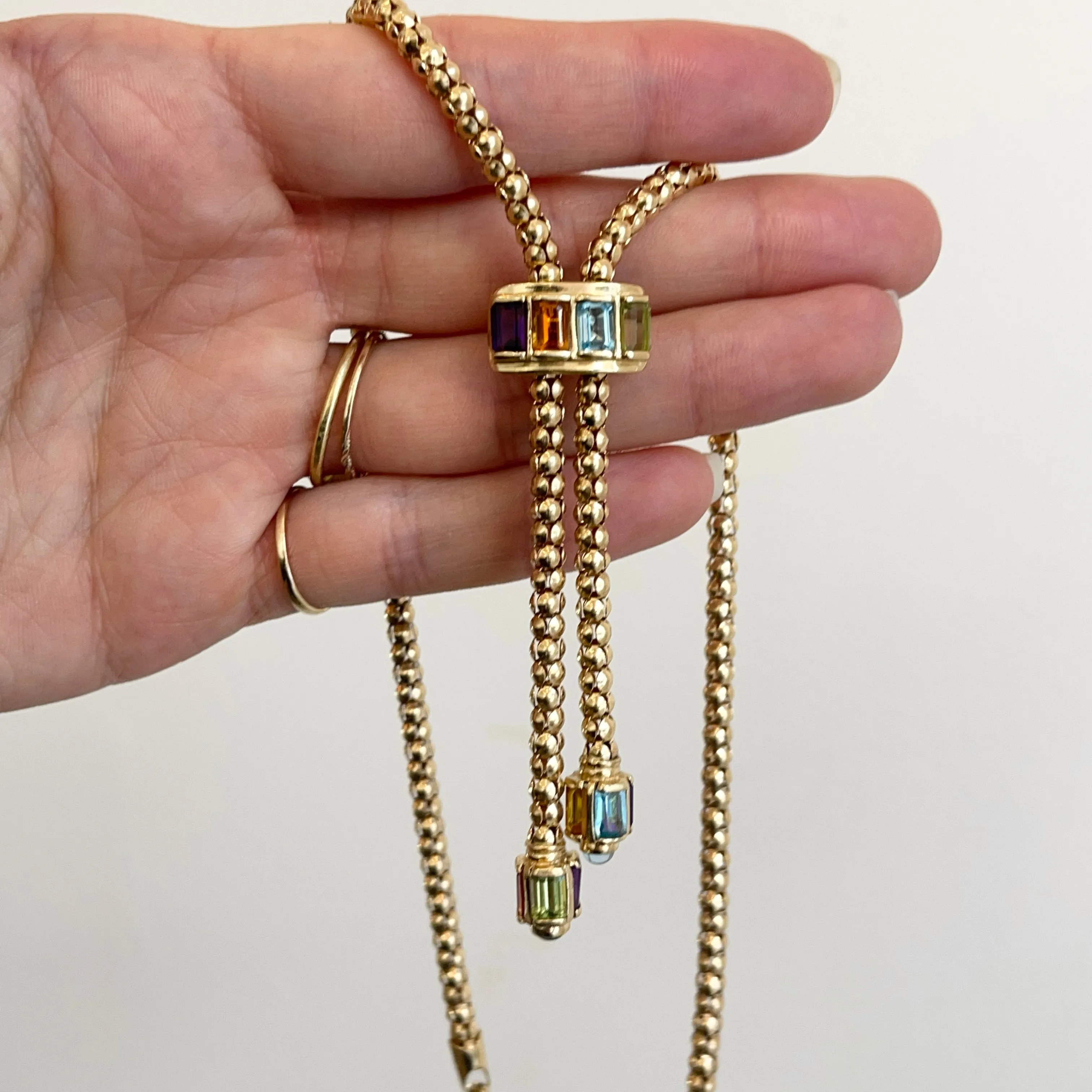 Estate 14KT Yellow Gold Byzantine Multi-Gemstone Popcorn Lariat Necklace