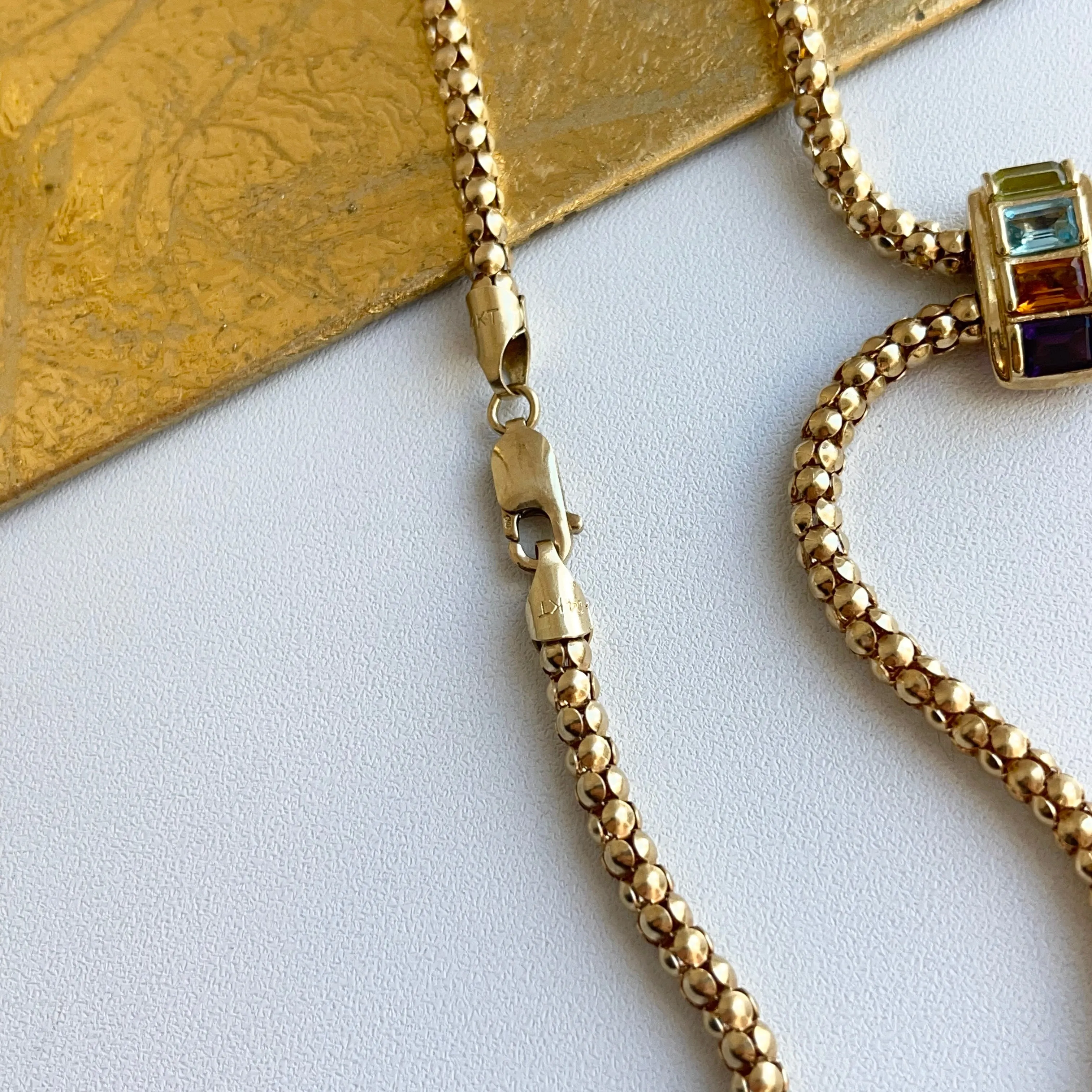 Estate 14KT Yellow Gold Byzantine Multi-Gemstone Popcorn Lariat Necklace