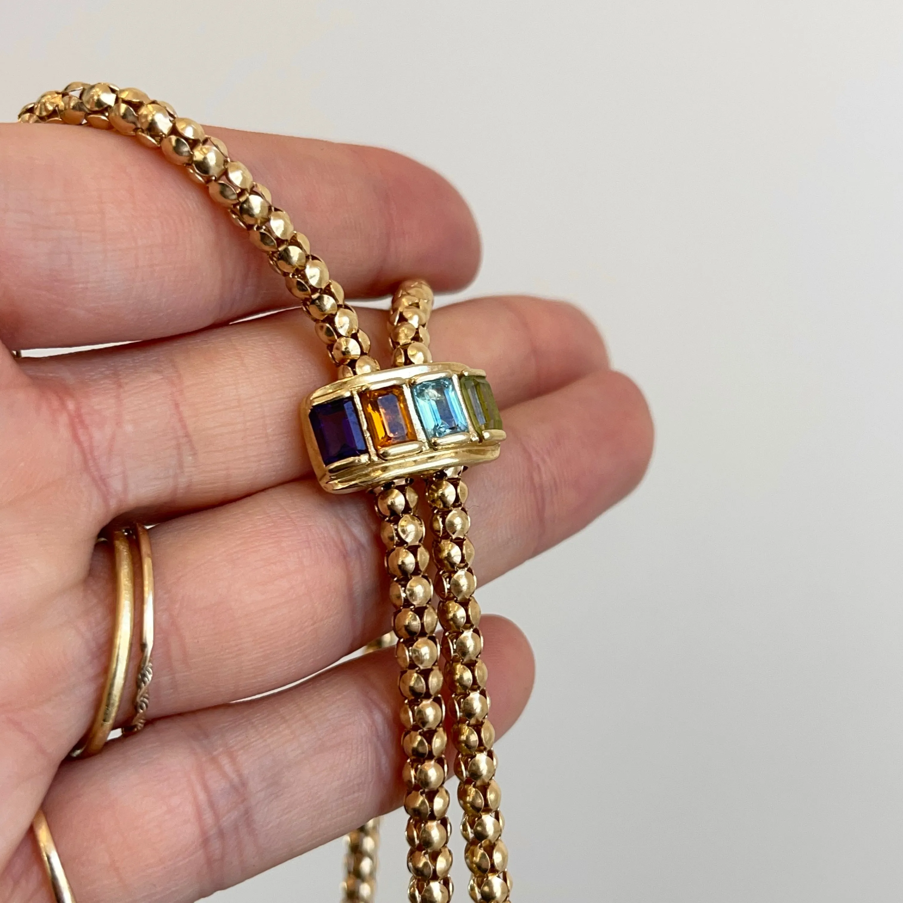 Estate 14KT Yellow Gold Byzantine Multi-Gemstone Popcorn Lariat Necklace