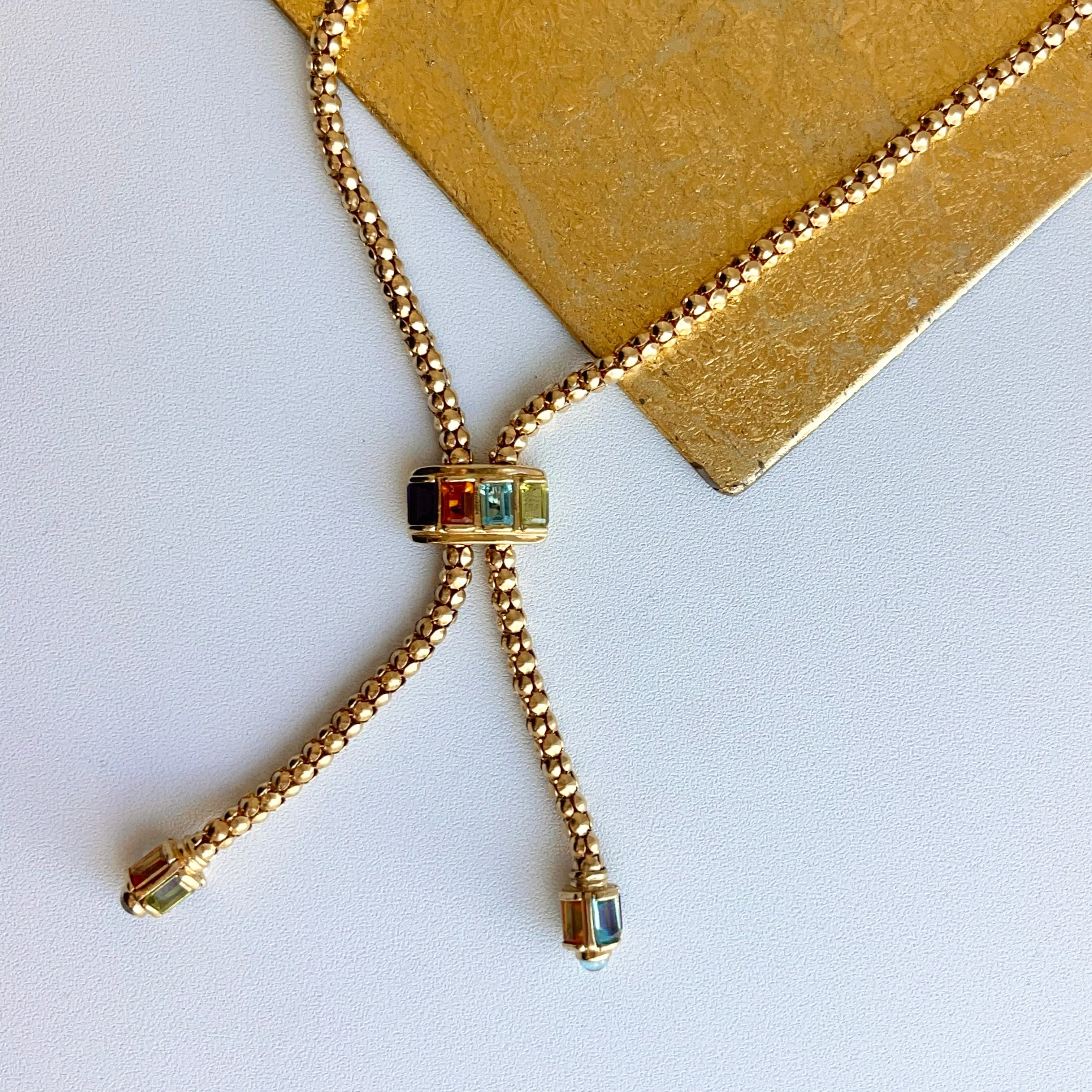 Estate 14KT Yellow Gold Byzantine Multi-Gemstone Popcorn Lariat Necklace