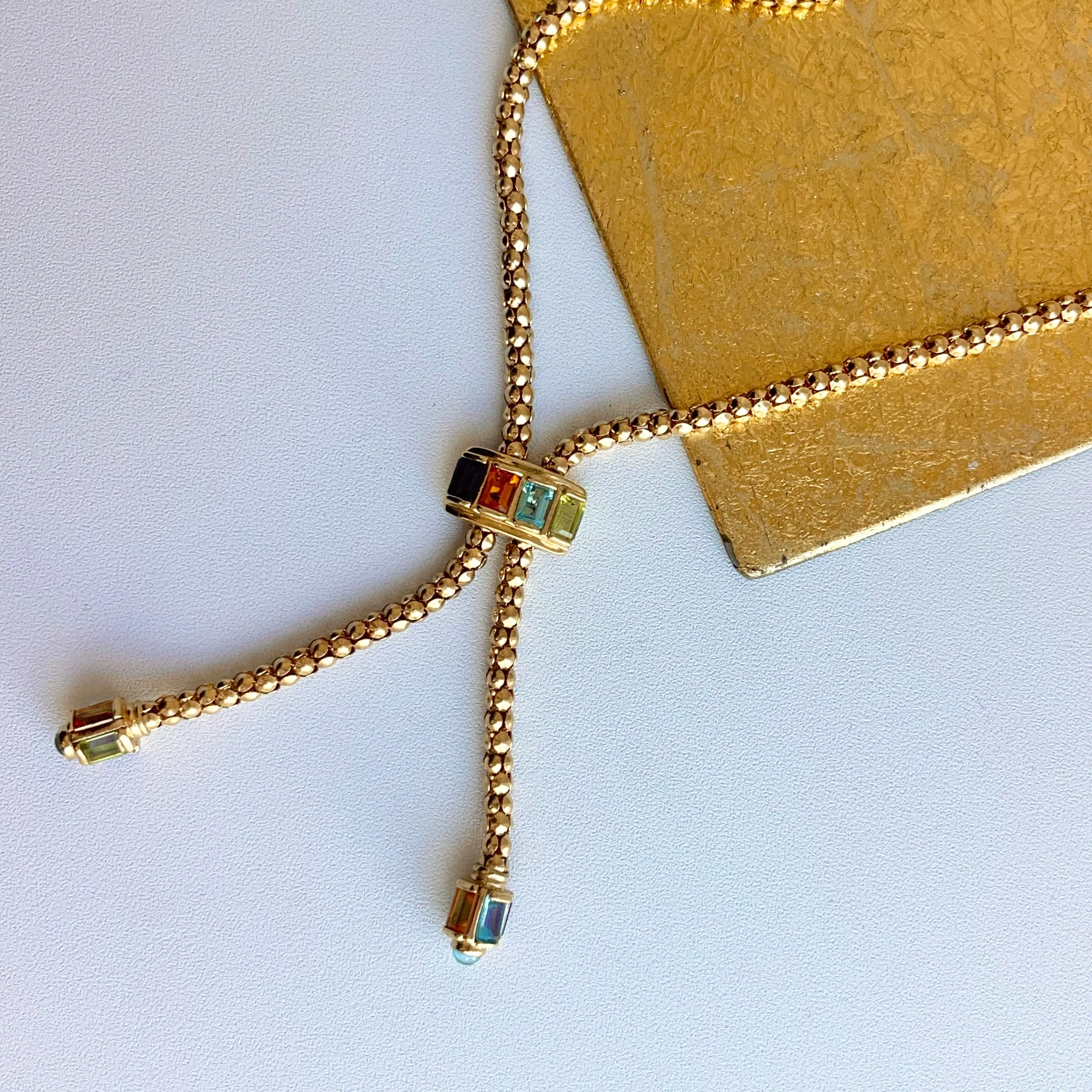Estate 14KT Yellow Gold Byzantine Multi-Gemstone Popcorn Lariat Necklace