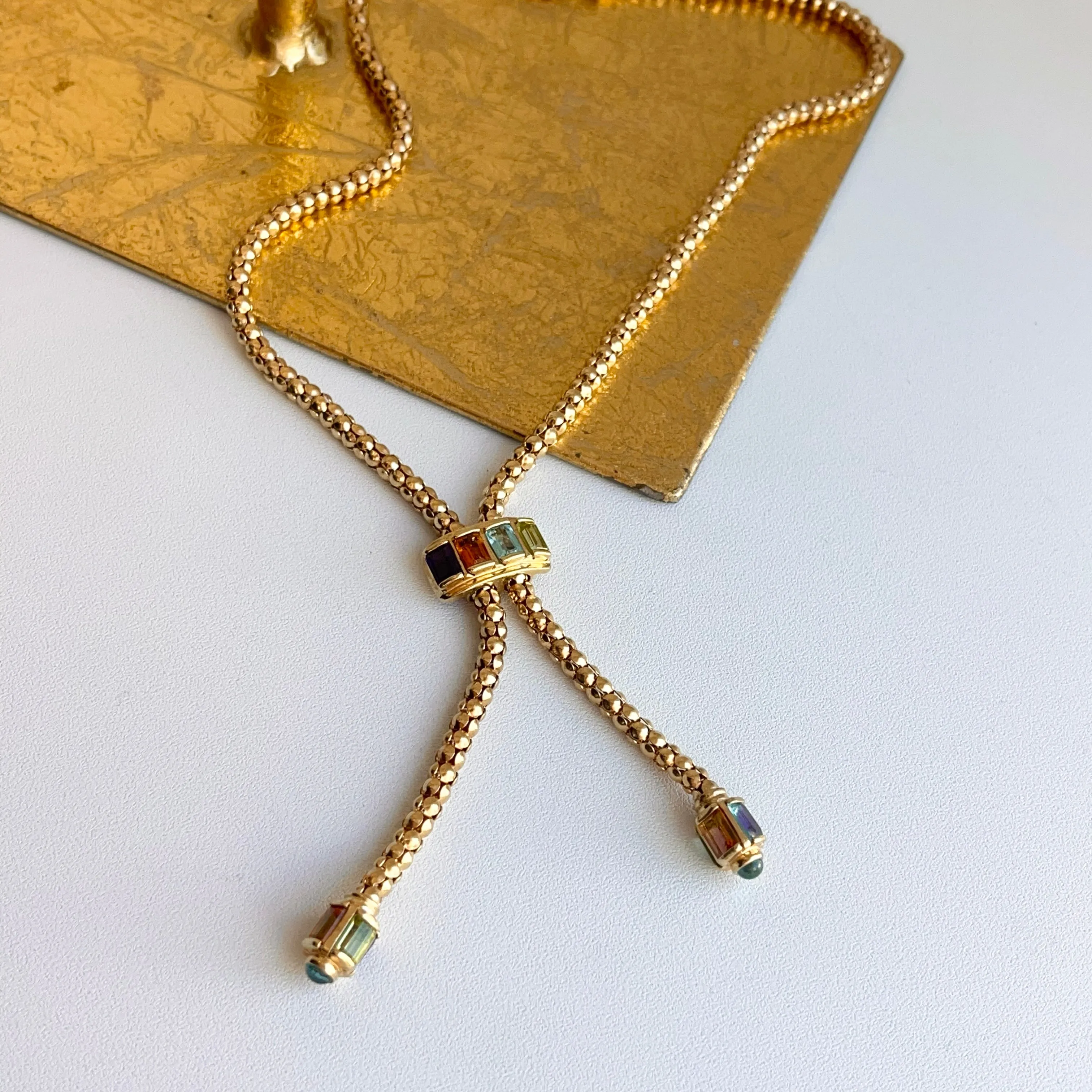 Estate 14KT Yellow Gold Byzantine Multi-Gemstone Popcorn Lariat Necklace
