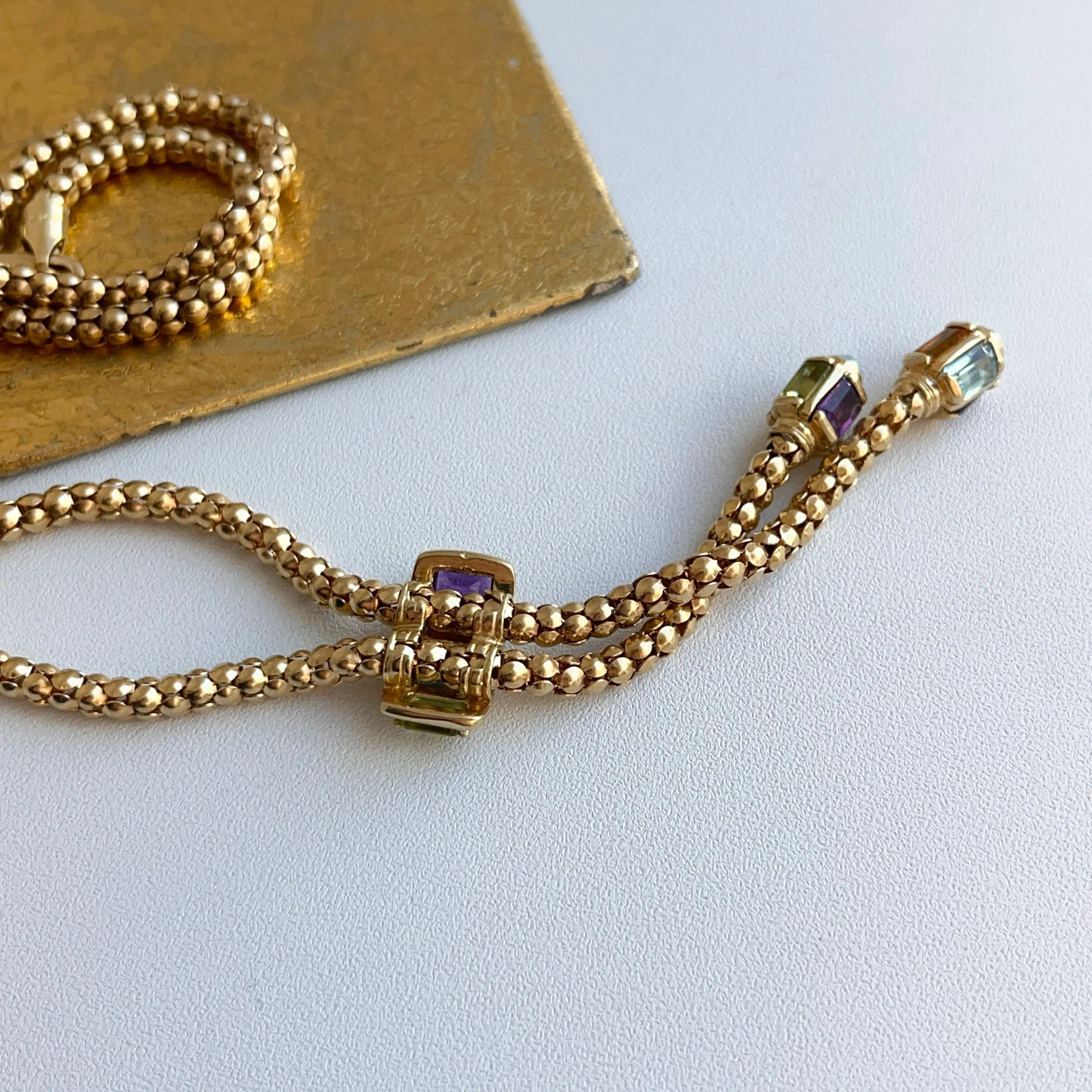 Estate 14KT Yellow Gold Byzantine Multi-Gemstone Popcorn Lariat Necklace