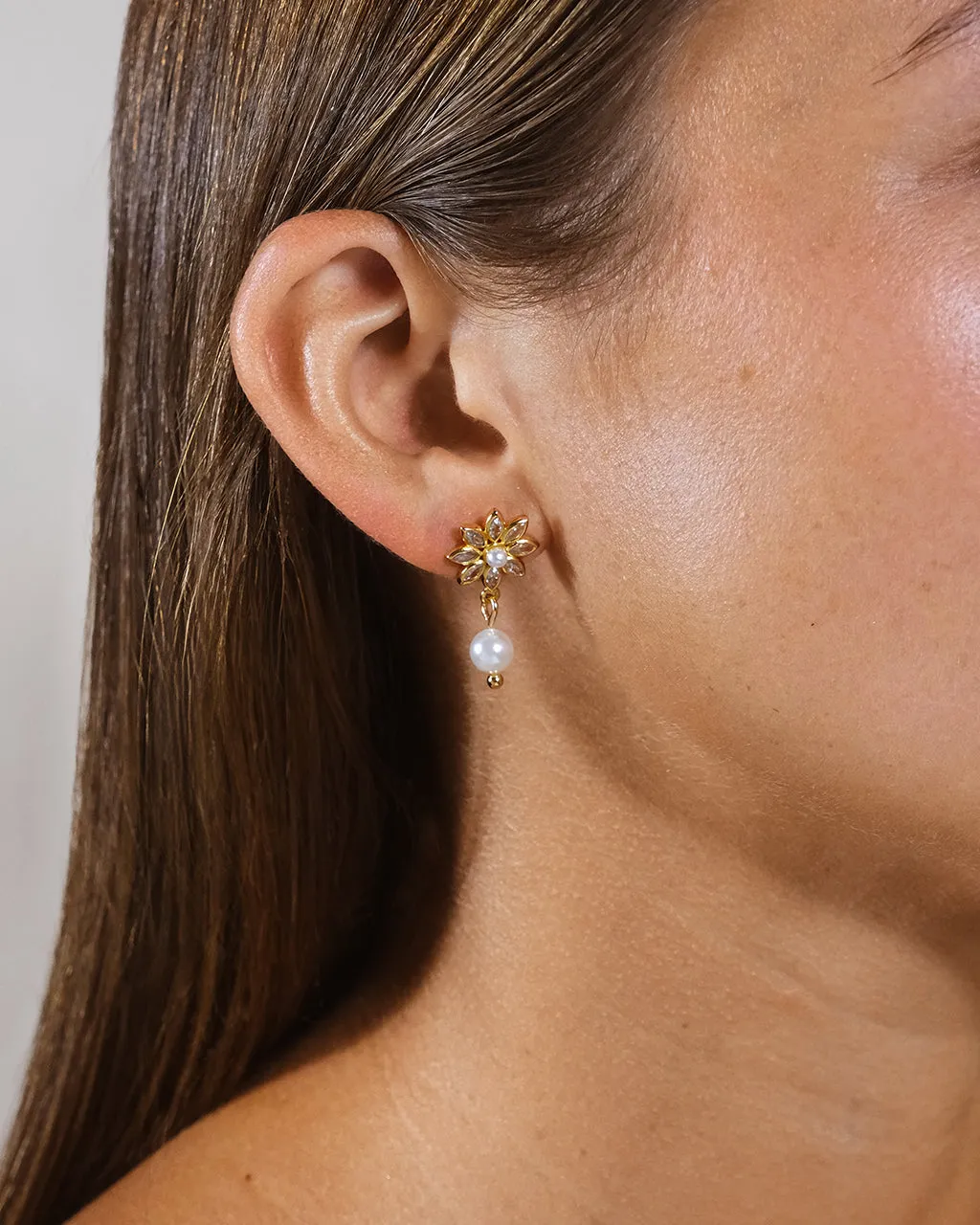 Esti CZ Flower & Pearl Drop Stud Earrings
