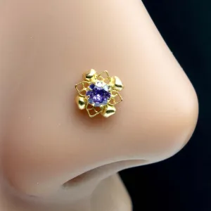 Ethnic Floral  Indian Gold Plated Nose Stud Violet CZ Twisted nose ring 20g