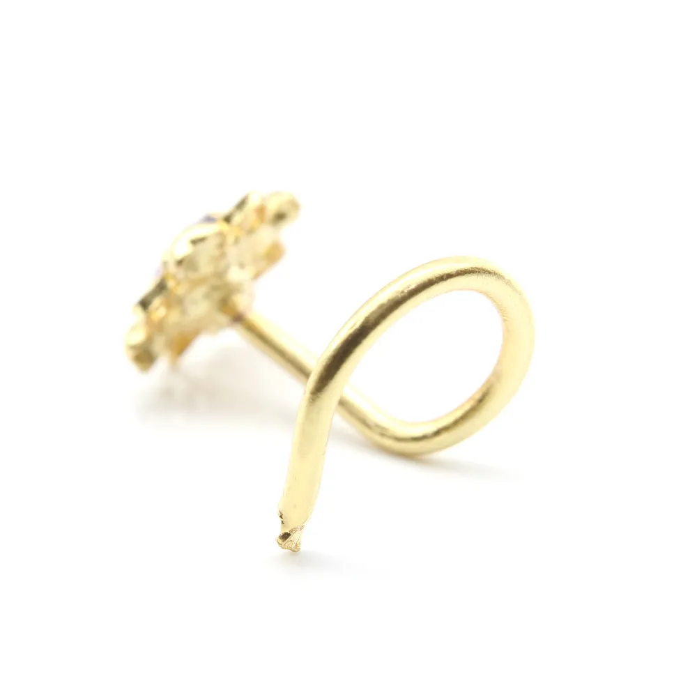 Ethnic Floral  Indian Gold Plated Nose Stud Violet CZ Twisted nose ring 20g