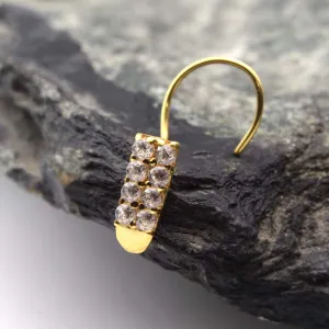 Ethnic Vertical 14k Real Gold White CZ Corkscrew Nose Stud 24g