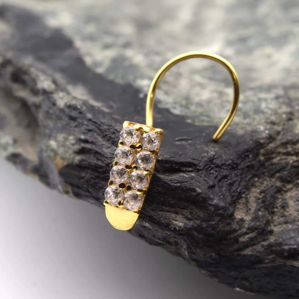 Ethnic Vertical 14k Real Gold White CZ Corkscrew Nose Stud 24g