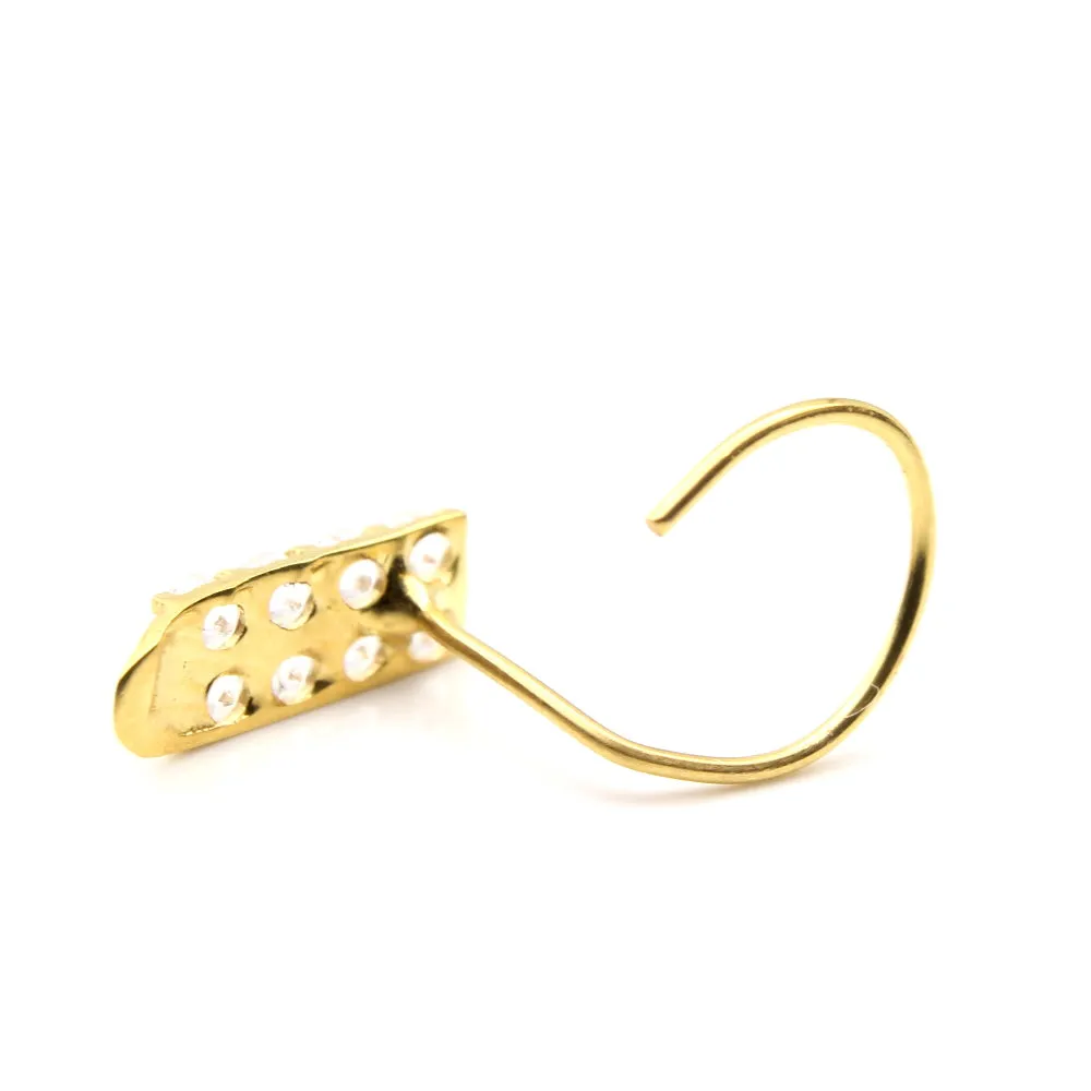 Ethnic Vertical 14k Real Gold White CZ Corkscrew Nose Stud 24g