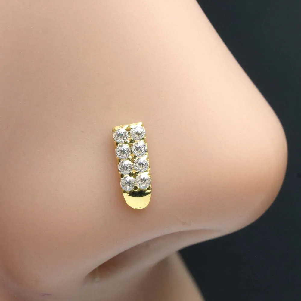 Ethnic Vertical 14k Real Gold White CZ Corkscrew Nose Stud 24g