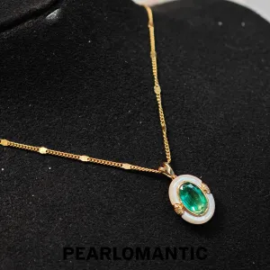 [Fine Jewelry] 18k Gold & Diamond & Emerald 0.8ct Oval Shape Pendants w/ MOP