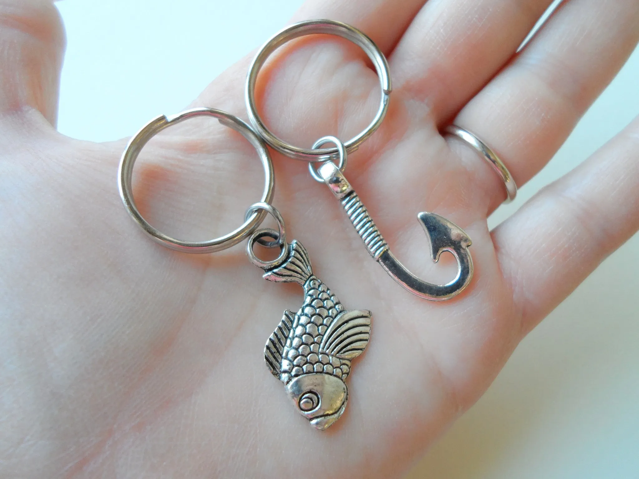 Fish and Hook Keychain Set - A Great Catch, I'm Hooked On You; Couples Keychain Set