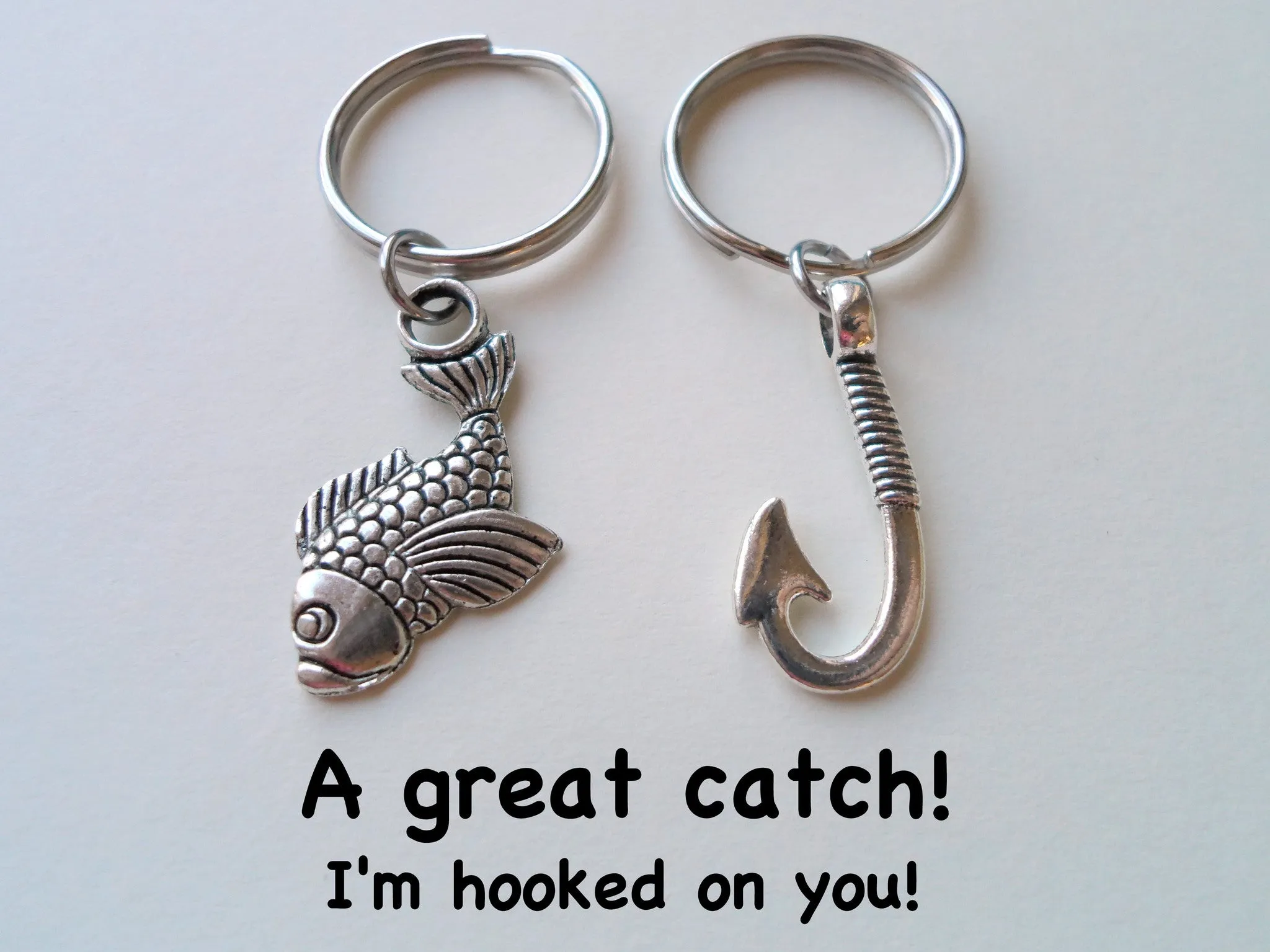Fish and Hook Keychain Set - A Great Catch, I'm Hooked On You; Couples Keychain Set