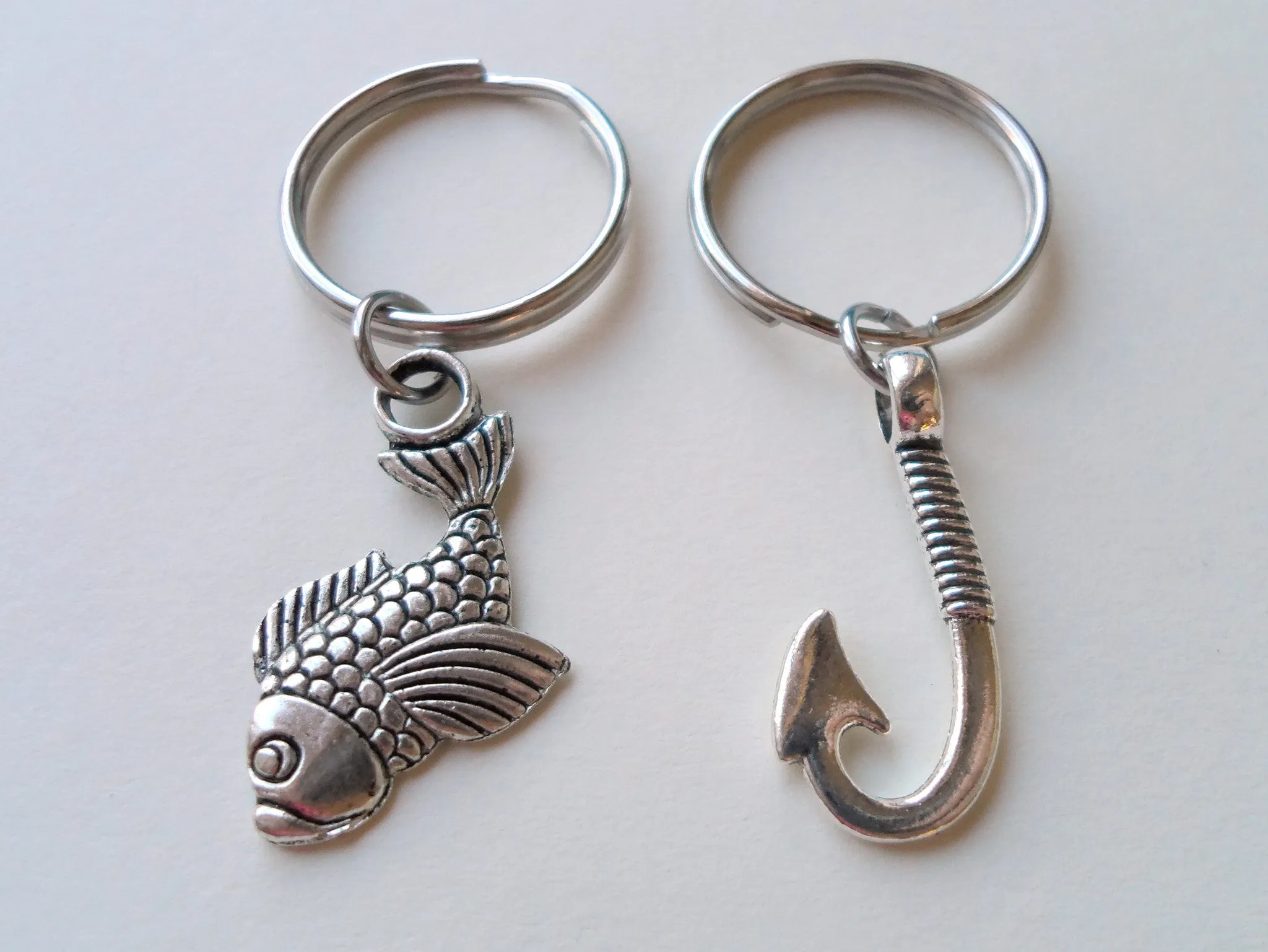 Fish and Hook Keychain Set - A Great Catch, I'm Hooked On You; Couples Keychain Set