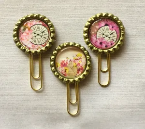 Floral and Clock Themed Planner Clips, Set of 3