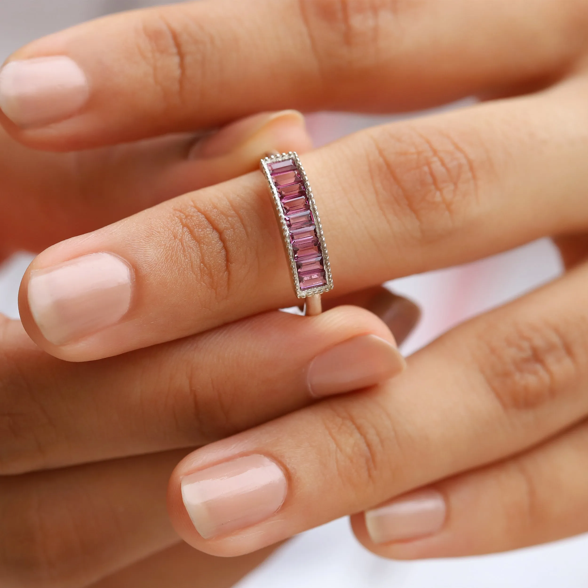 Gail Pink Garnet Baguette Ring