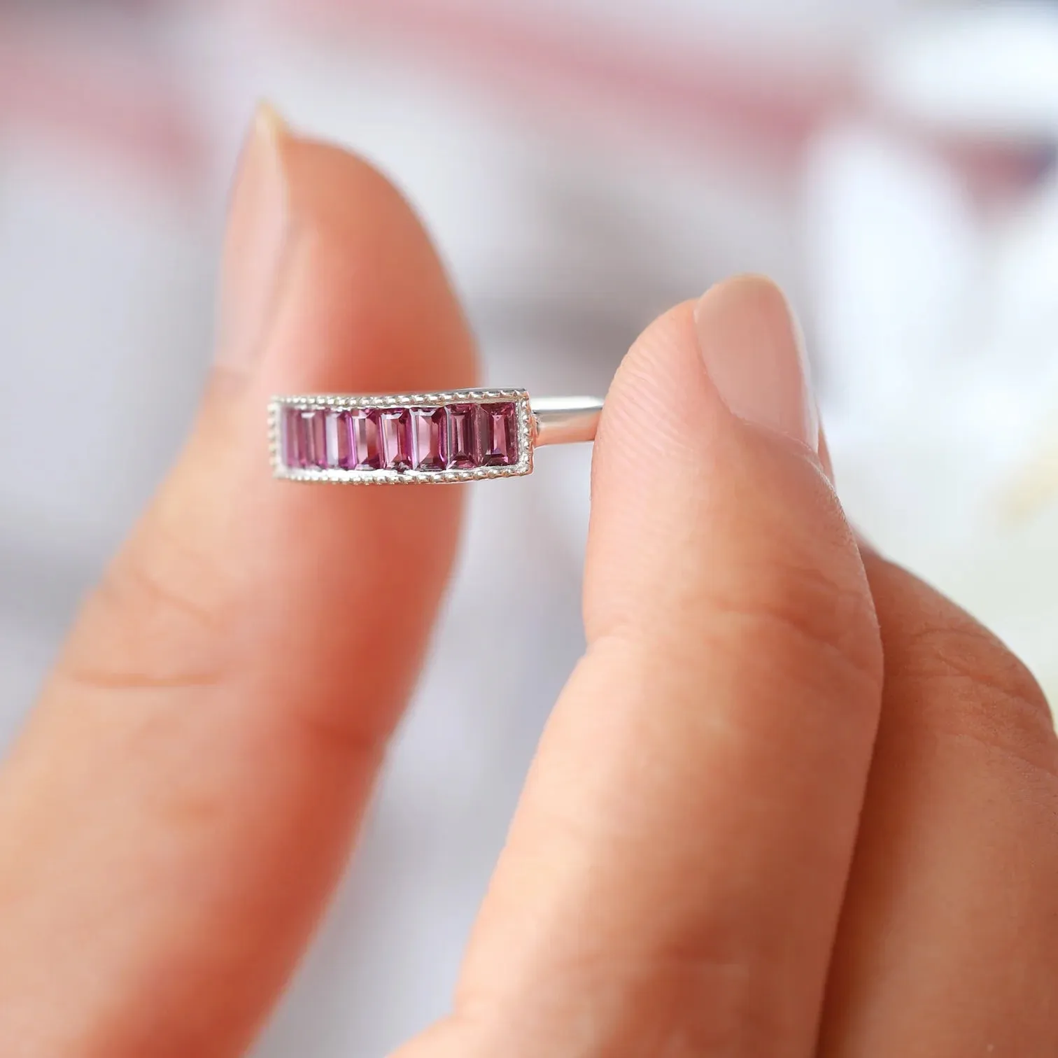 Gail Pink Garnet Baguette Ring