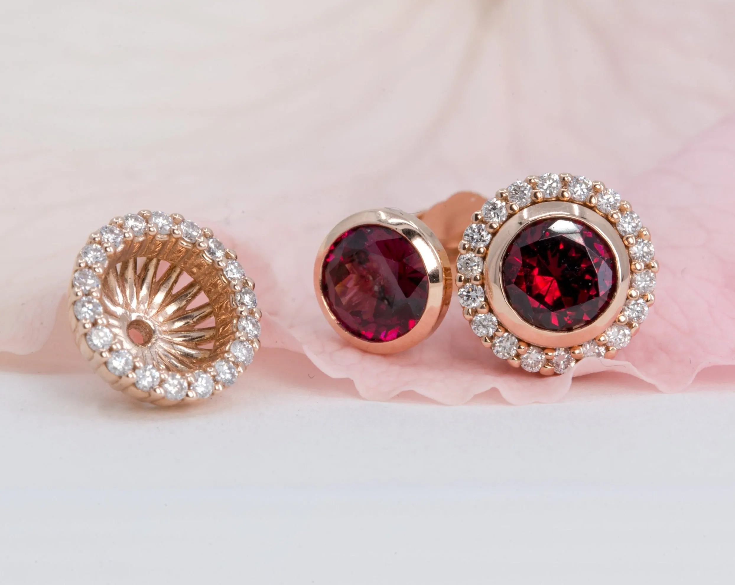 Garnet Stud Earrings with Matching Diamond Halo Jackets