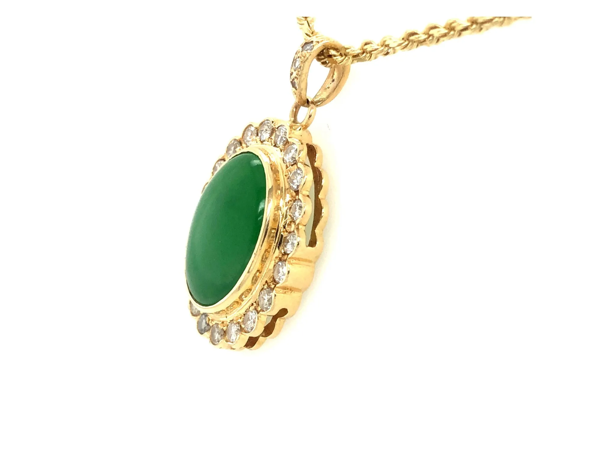 GIA Vintage Oval Cabochon Green Translucent Jadeite Jade and Diamond Pendant