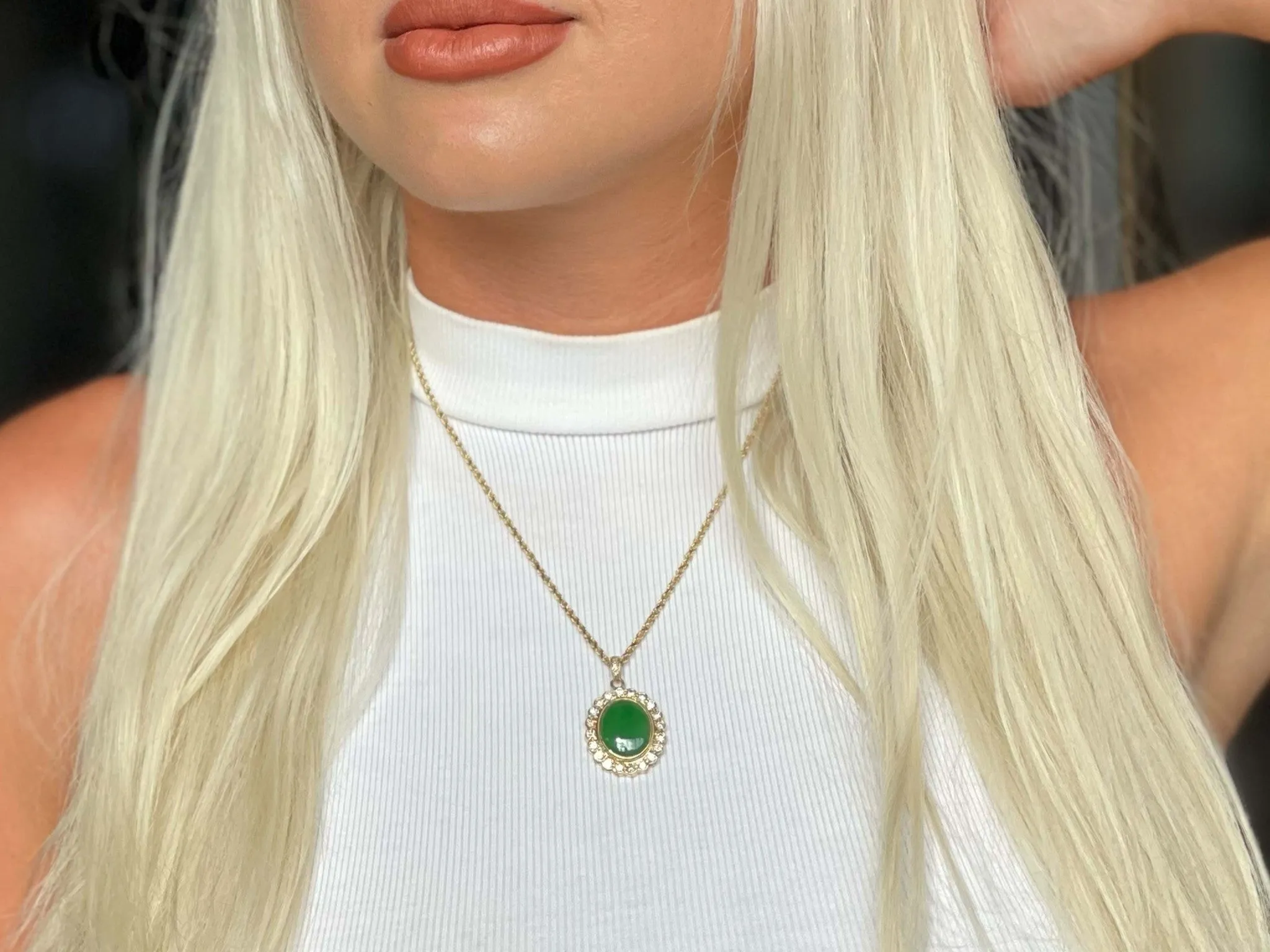 GIA Vintage Oval Cabochon Green Translucent Jadeite Jade and Diamond Pendant