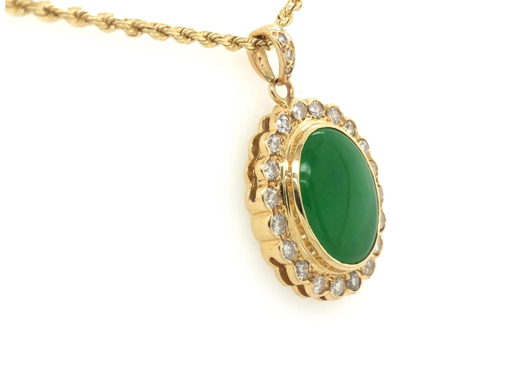 GIA Vintage Oval Cabochon Green Translucent Jadeite Jade and Diamond Pendant