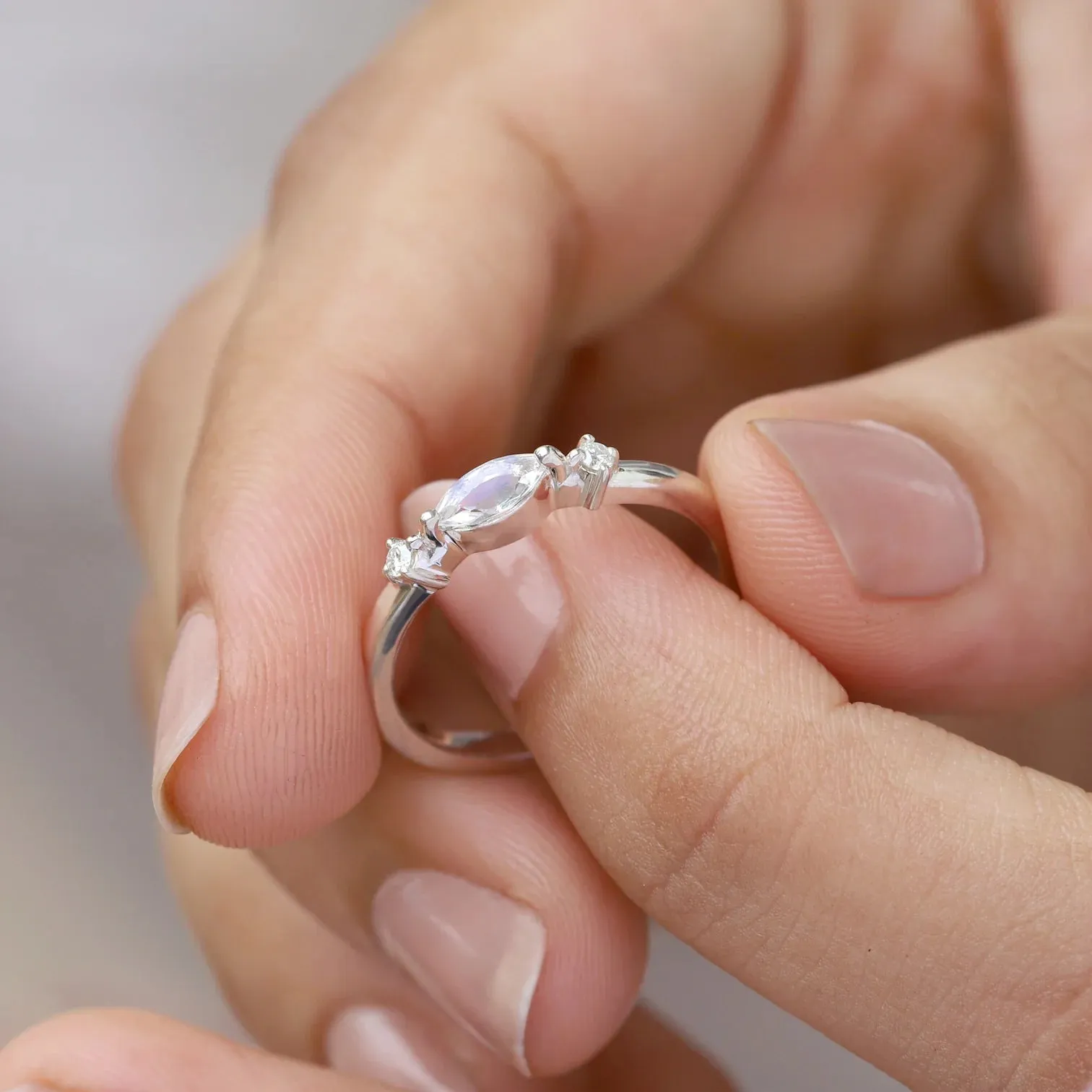 Giotto Moonstone Ring with side Moissanite Ring