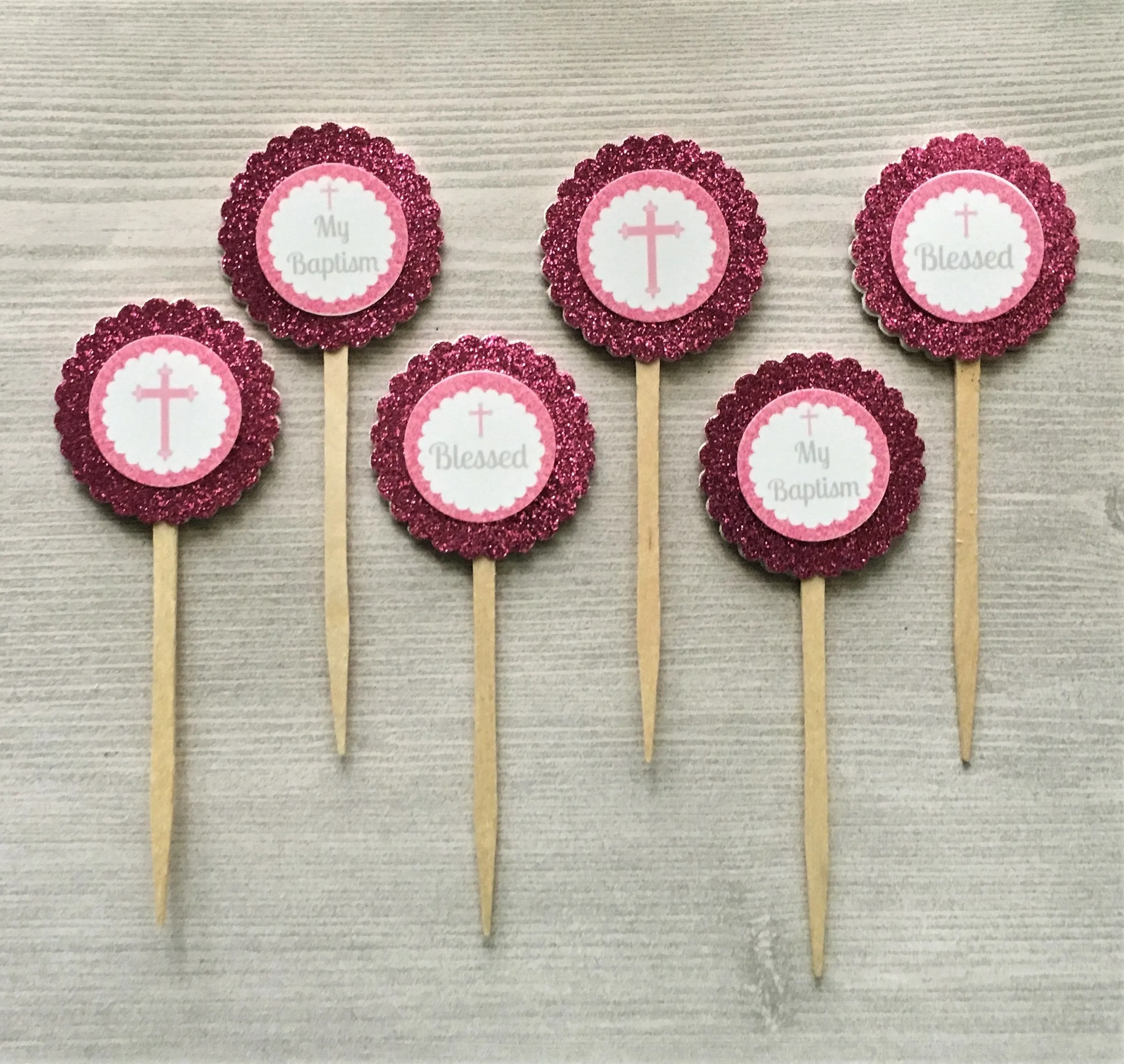 Girls Baptism Cupcake Toppers, Set of 6
