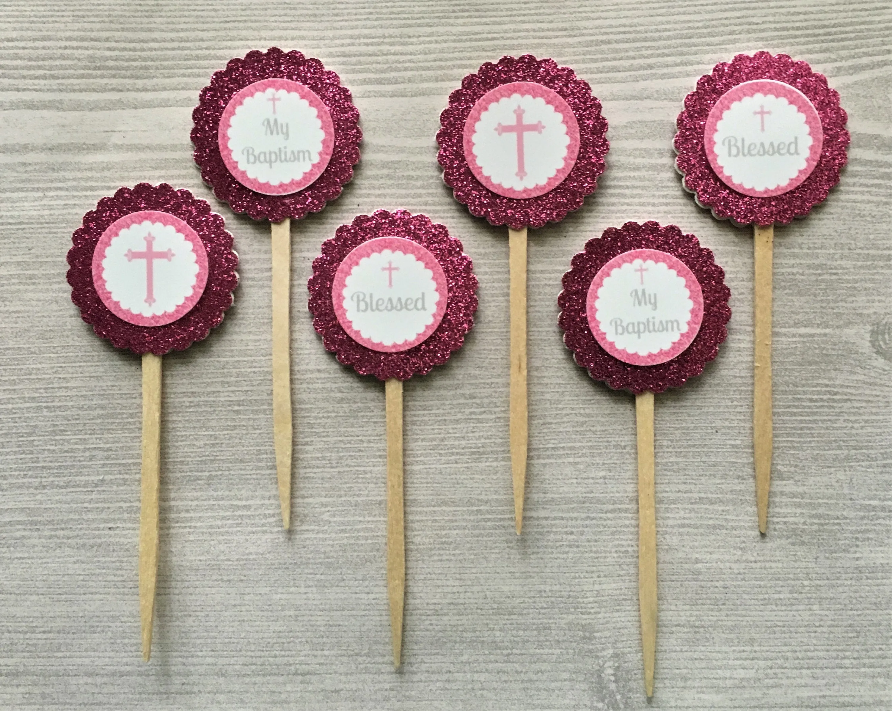 Girls Baptism Cupcake Toppers, Set of 6