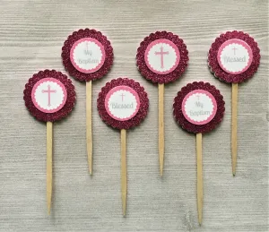 Girls Baptism Cupcake Toppers, Set of 6