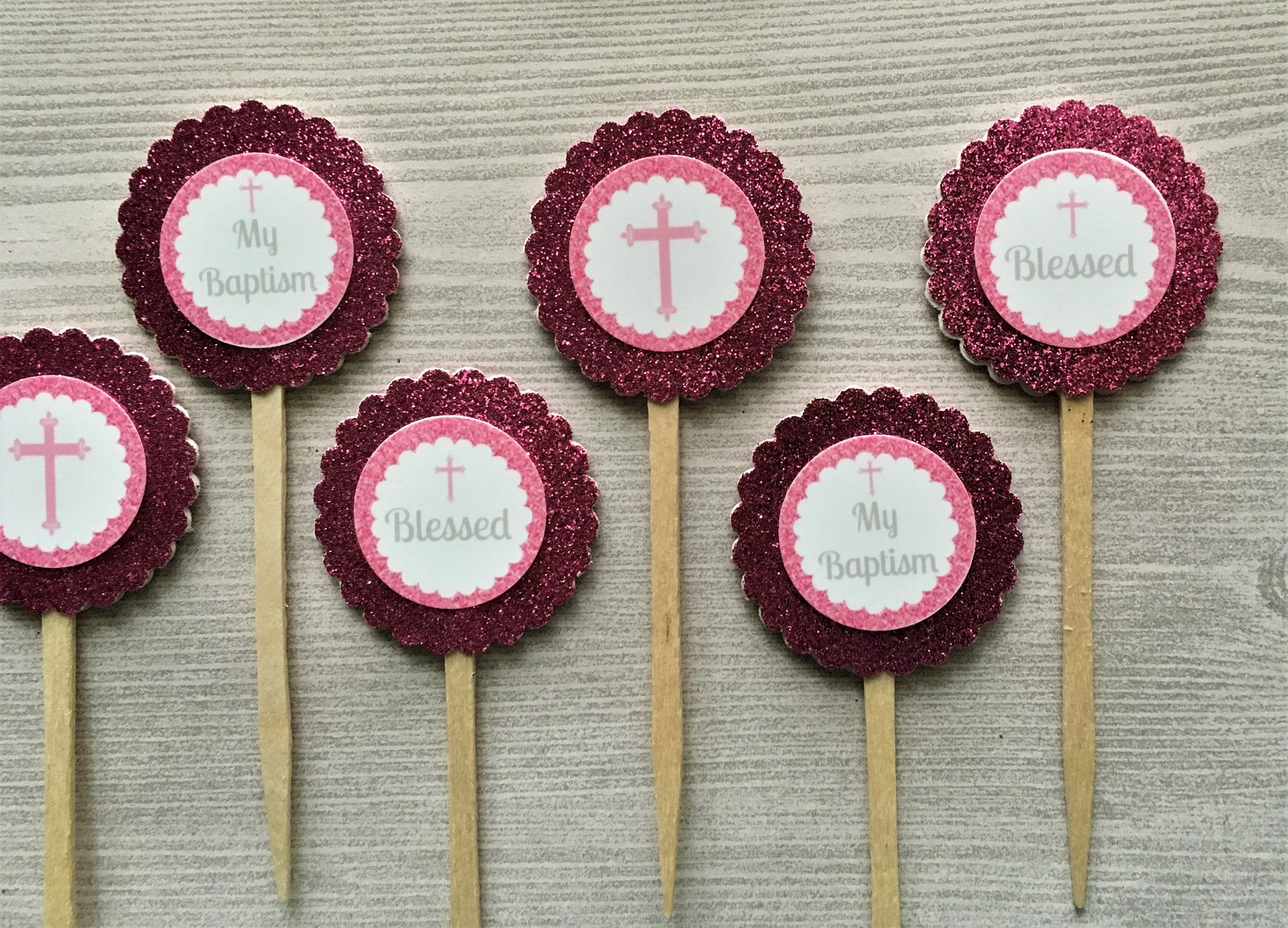 Girls Baptism Cupcake Toppers, Set of 6
