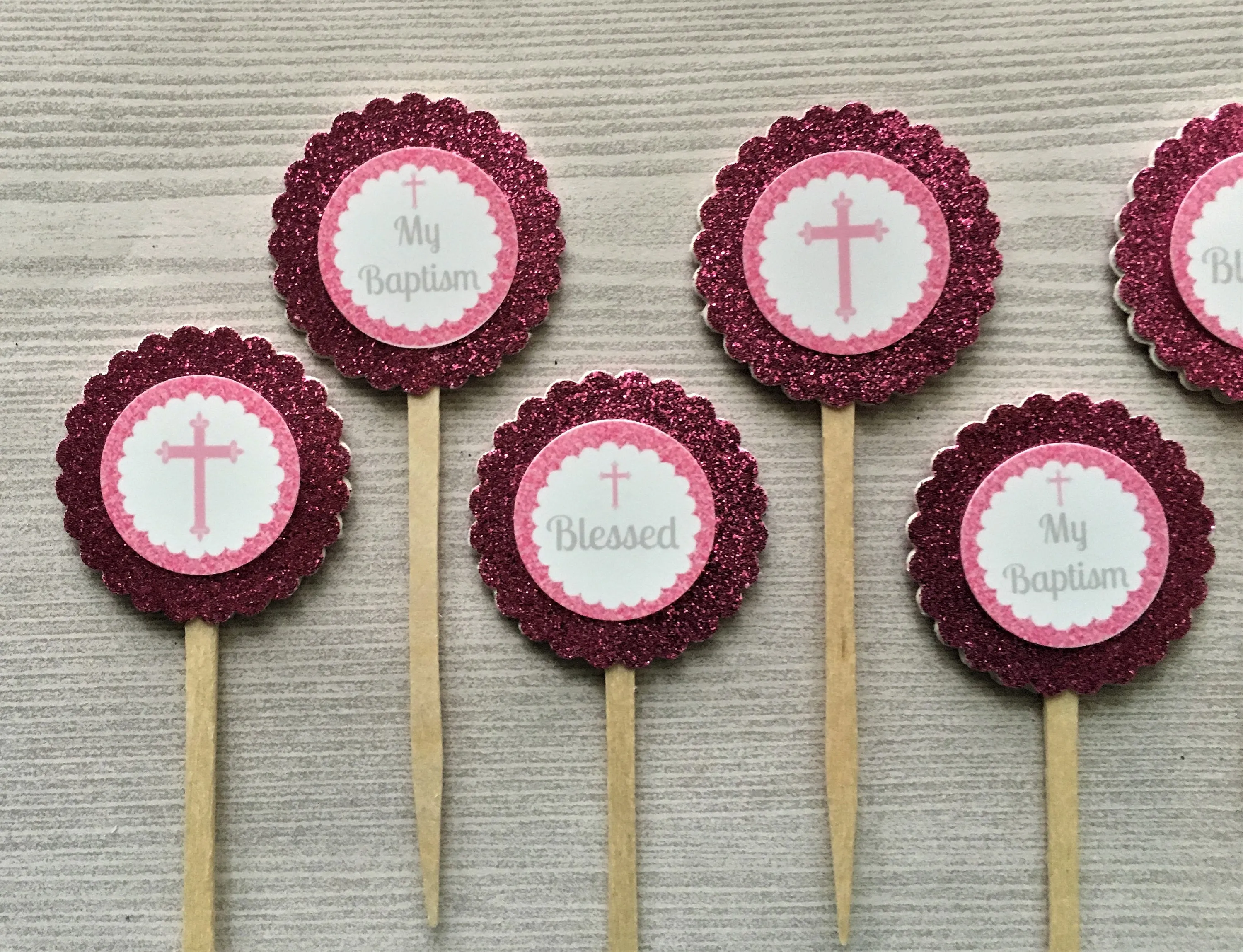 Girls Baptism Cupcake Toppers, Set of 6