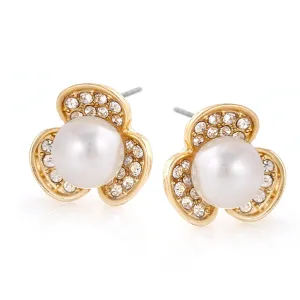 GOLD 10MM PEARL CRYSTAL FLOWER STUD EARRING #SQ121908G (GE2)