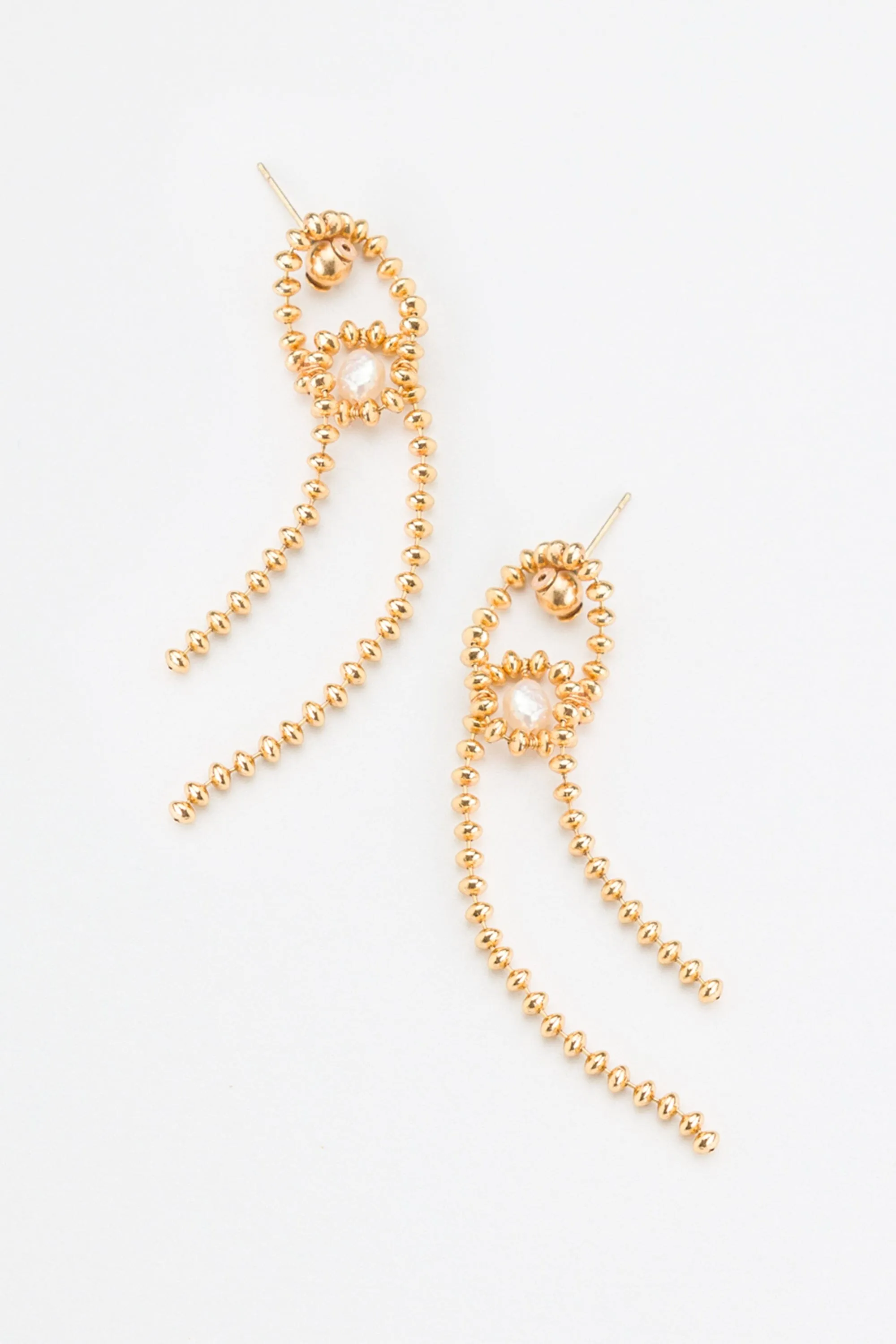 Gold Bead Chain Oval Fringe Earrings