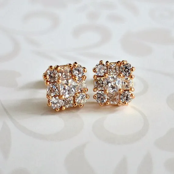 Gold Cubic Zirconia Square Stud Earrings, Crystal Stud Wedding Earrings, Gold Wedding Studs, Gold Stud Earrings, CZ Bridal Stud Earrings